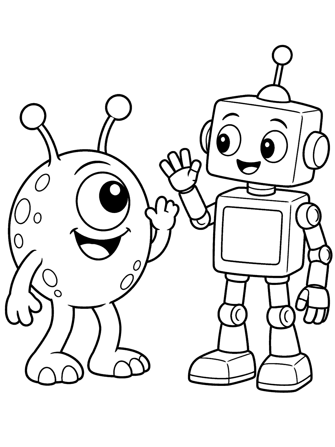 A friendly box-shaped robot and a round, one-eyed alien wave to each other.