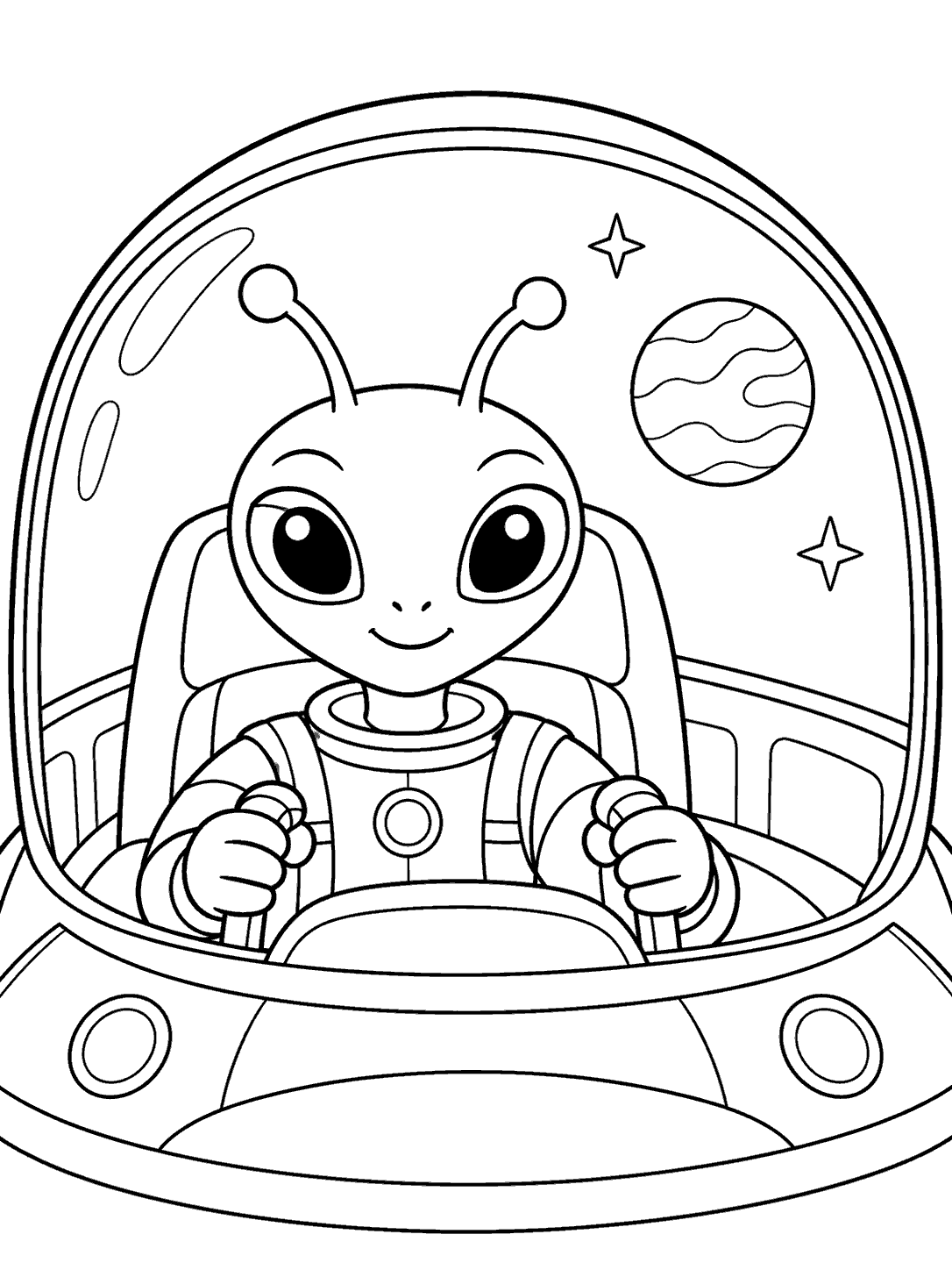 Seated alien pilot at the spaceship controls, framed by a rounded cockpit window with one planet and two stars.
