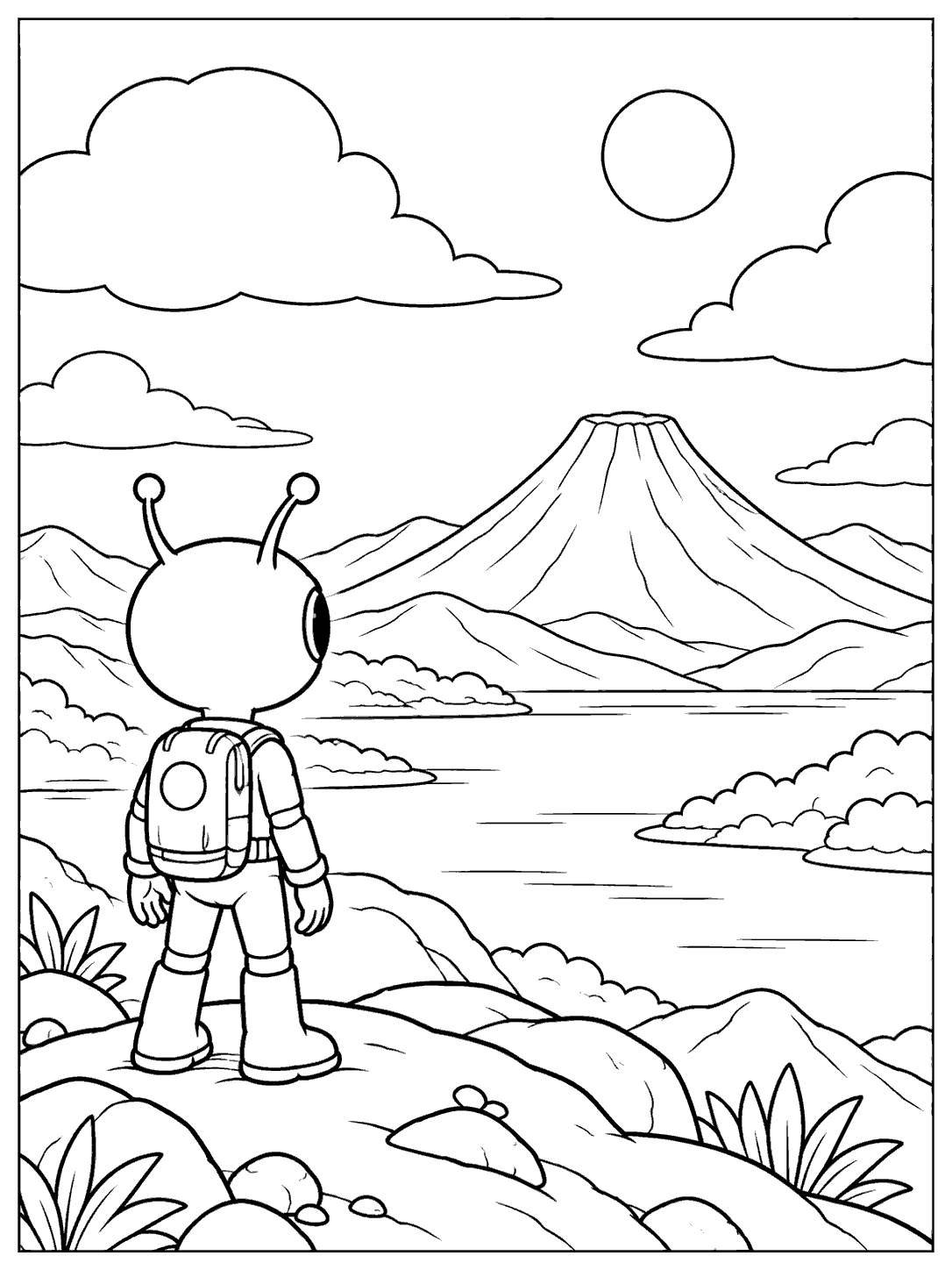 A small backpacked alien stands on a ridge, looking toward a broad volcano beneath clouds and a small sun.