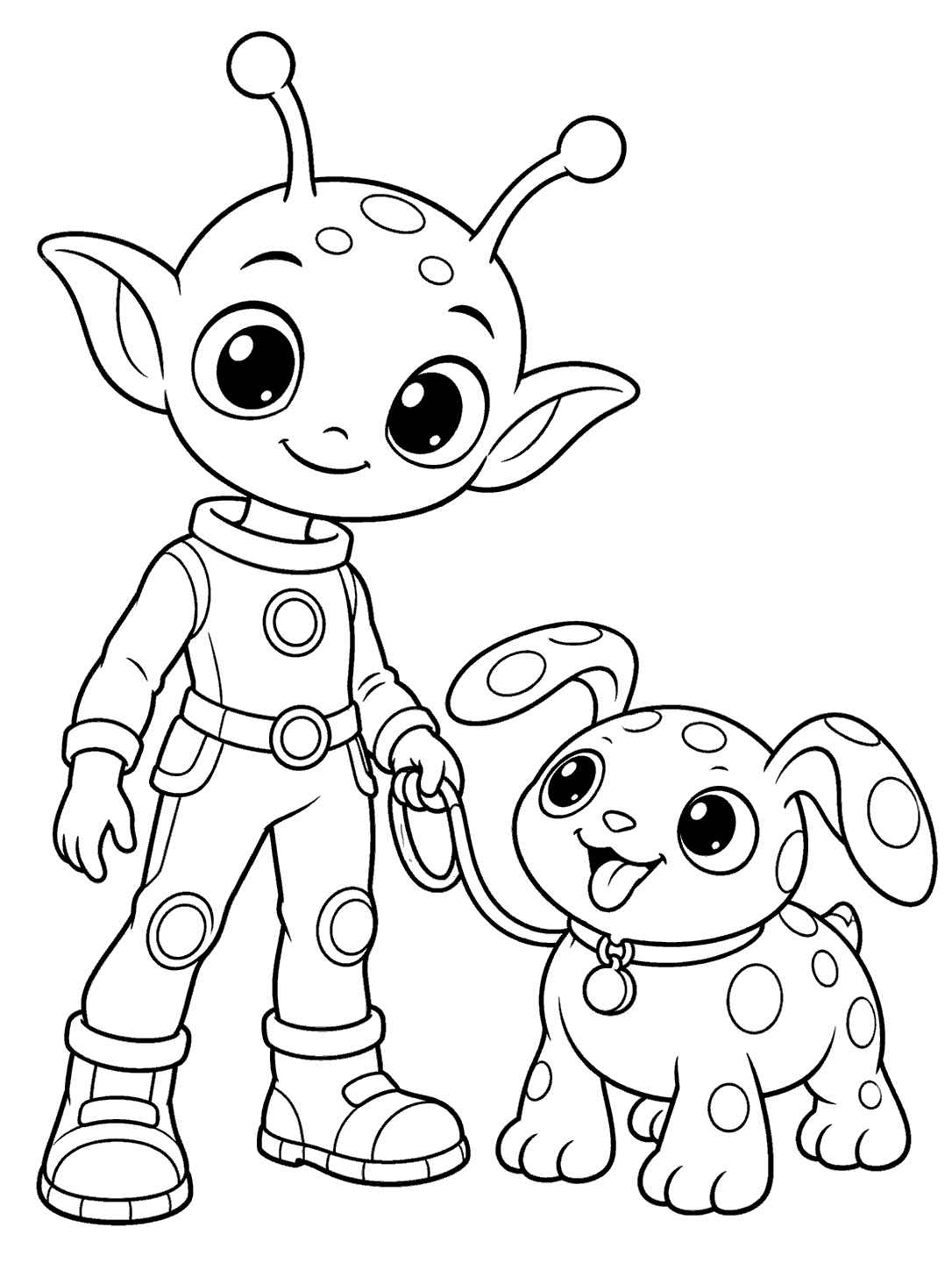 Childlike alien holding a leash beside a friendly spotted alien pet with floppy fins and four short legs.