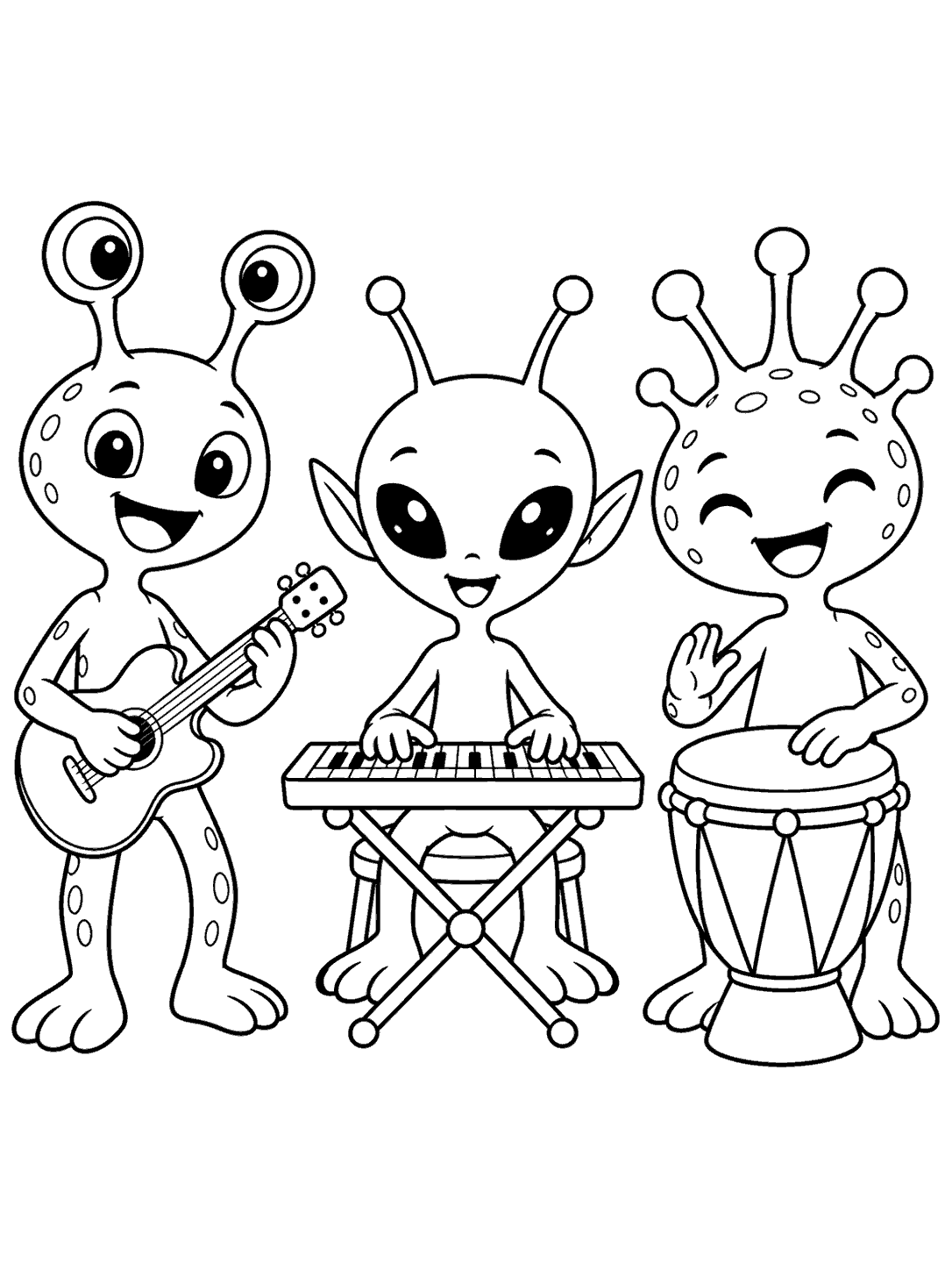 Three distinct smiling aliens in a row: one playing a guitar, one seated at a keyboard, and one beside a drum.