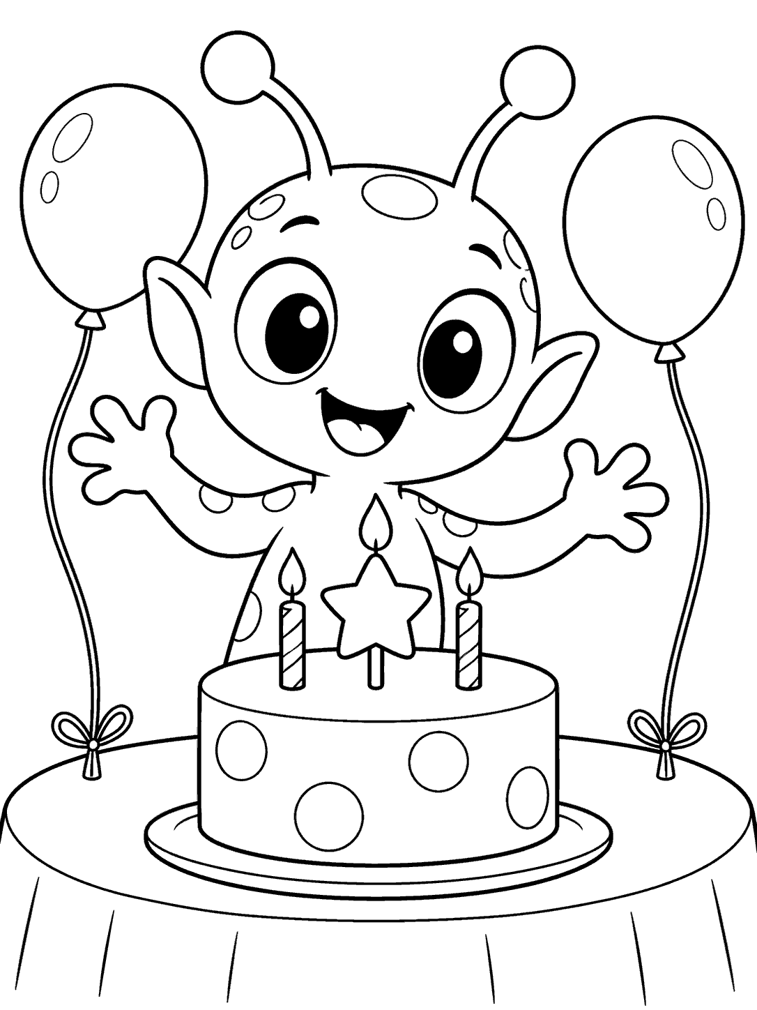 Smiling alien behind a spotted birthday cake with three candles, a star topper, and two balloons.