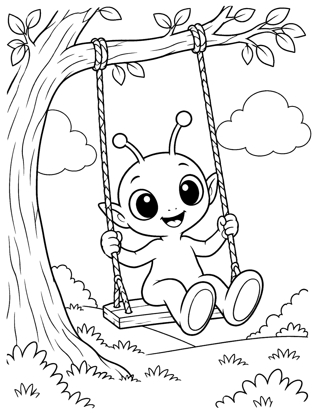 A smiling alien seated on a rope swing beneath a leafy tree branch, with two puffy clouds.