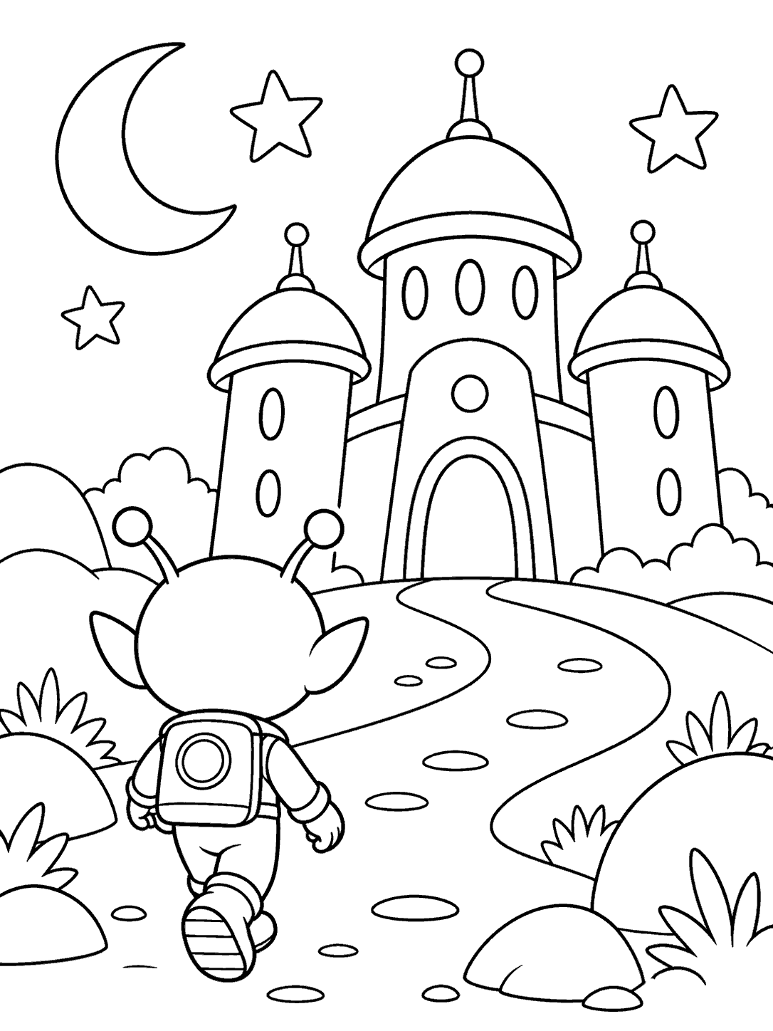 A small alien seen from behind walks toward a three-tower castle beneath a crescent moon and stars.