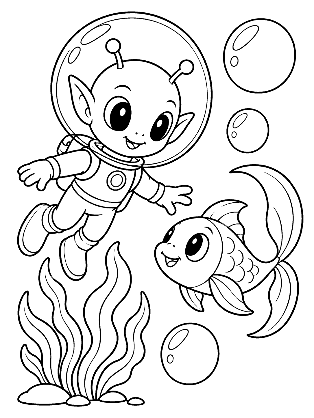A smiling bubble-helmet alien floats beside a crescent-tailed fantasy fish, three bubbles, and seaweed in a black-and-white coloring page.