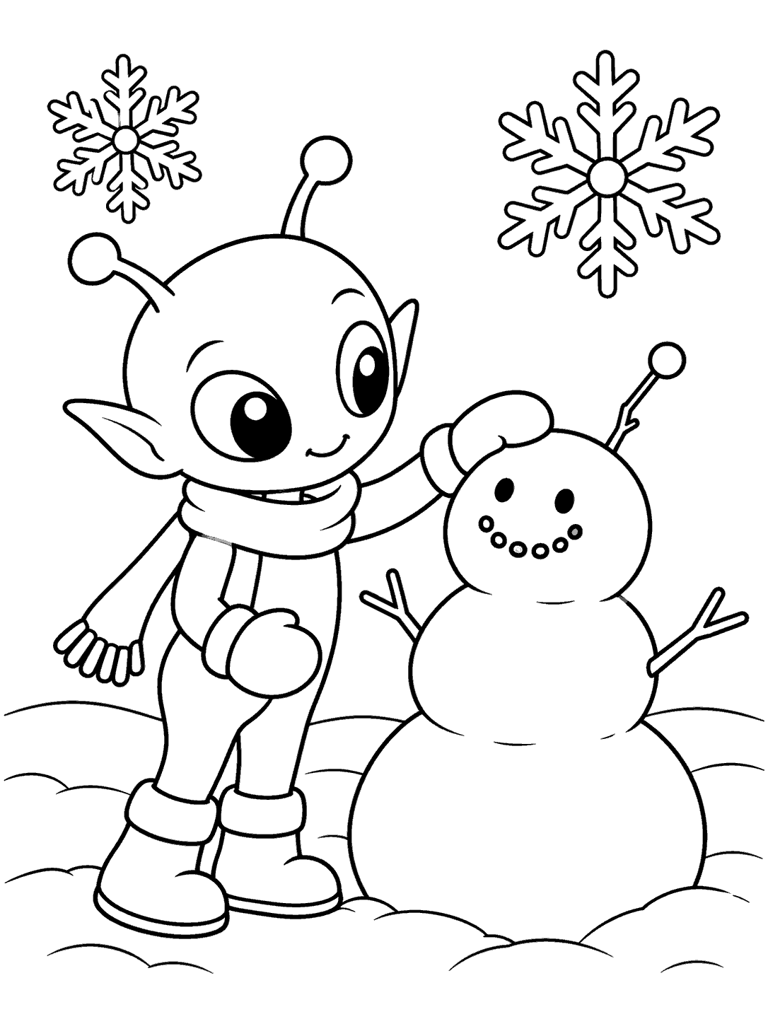 A scarf-wearing alien in mittens pats a three-ball snow figure with a pebble smile and twig antenna.