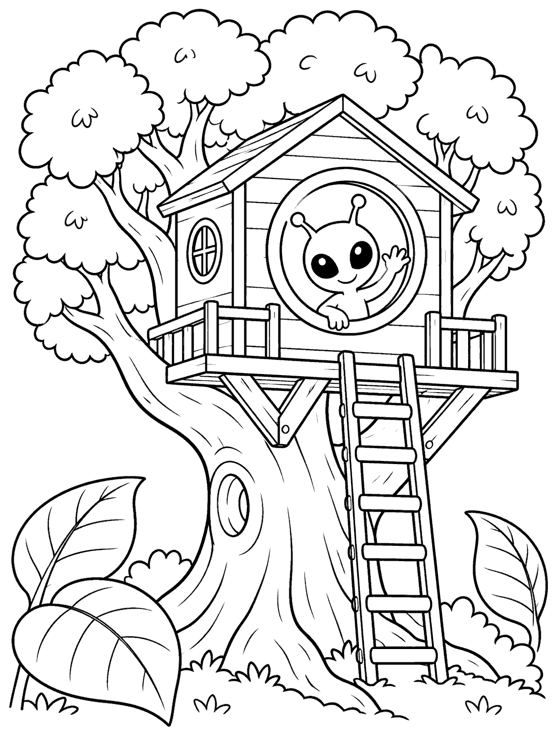 A friendly alien waving from a circular treehouse window in a broad tree, with a ladder and oversized leaves.