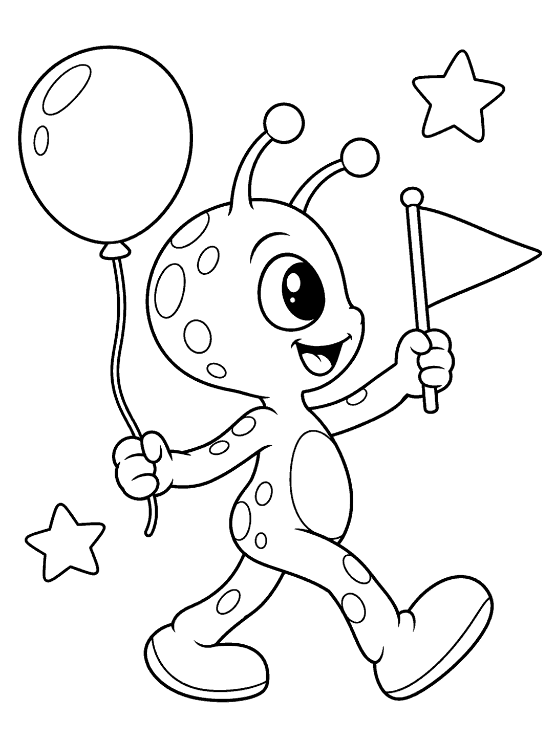 Cheerful alien marching with a blank triangular flag and round balloon, with two stars in the background.