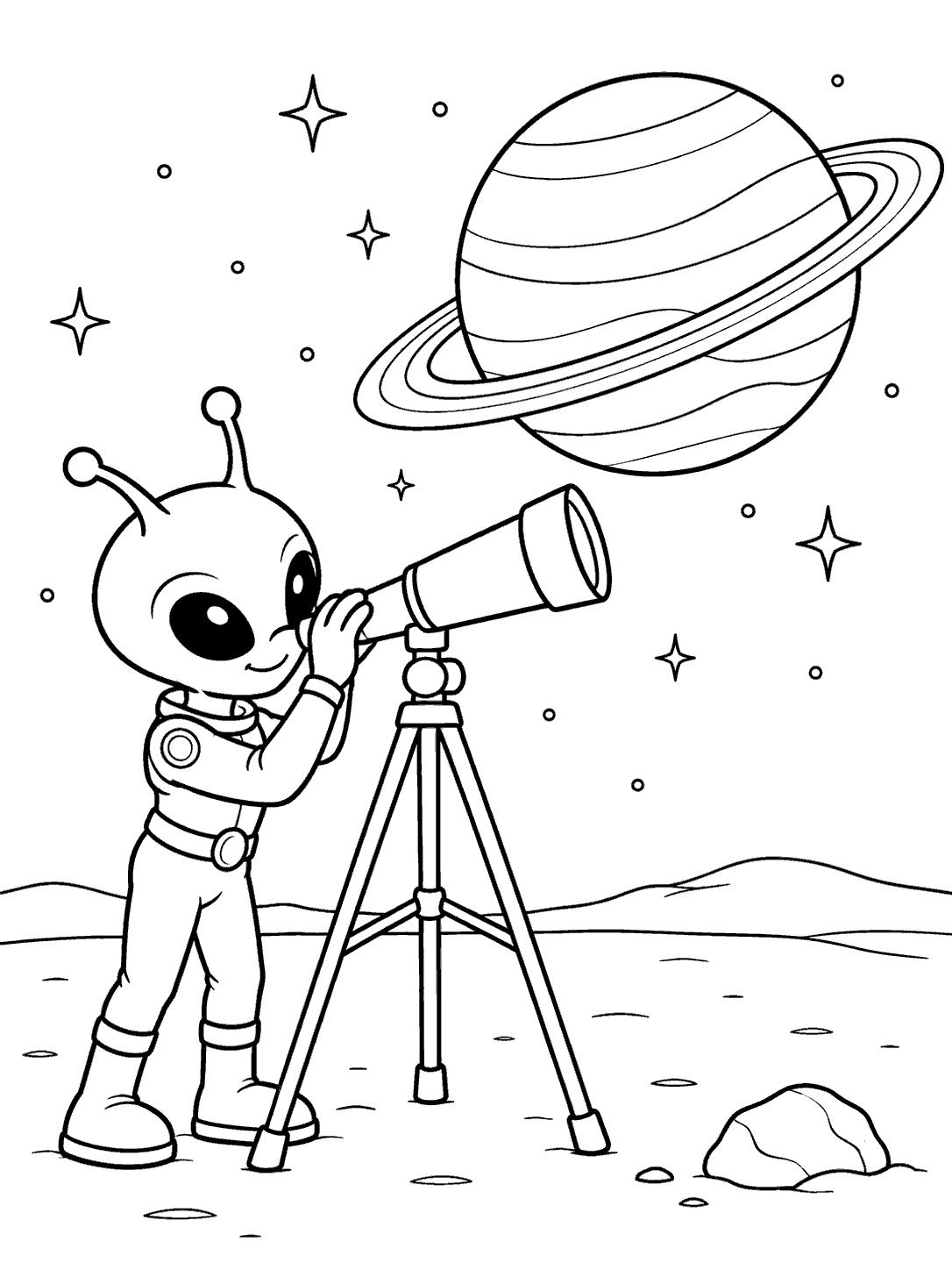 A standing alien explorer looks through a stable tripod telescope at a large ringed planet, with a low horizon and one small rock.