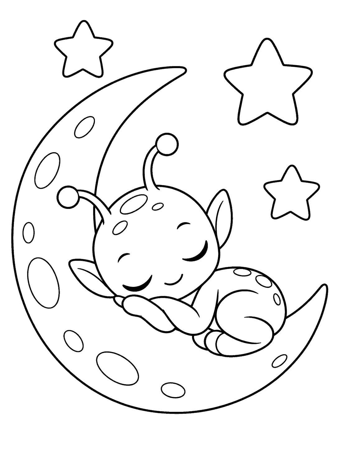 A smiling sleepy alien curled on a spotted crescent moon with three stars overhead.