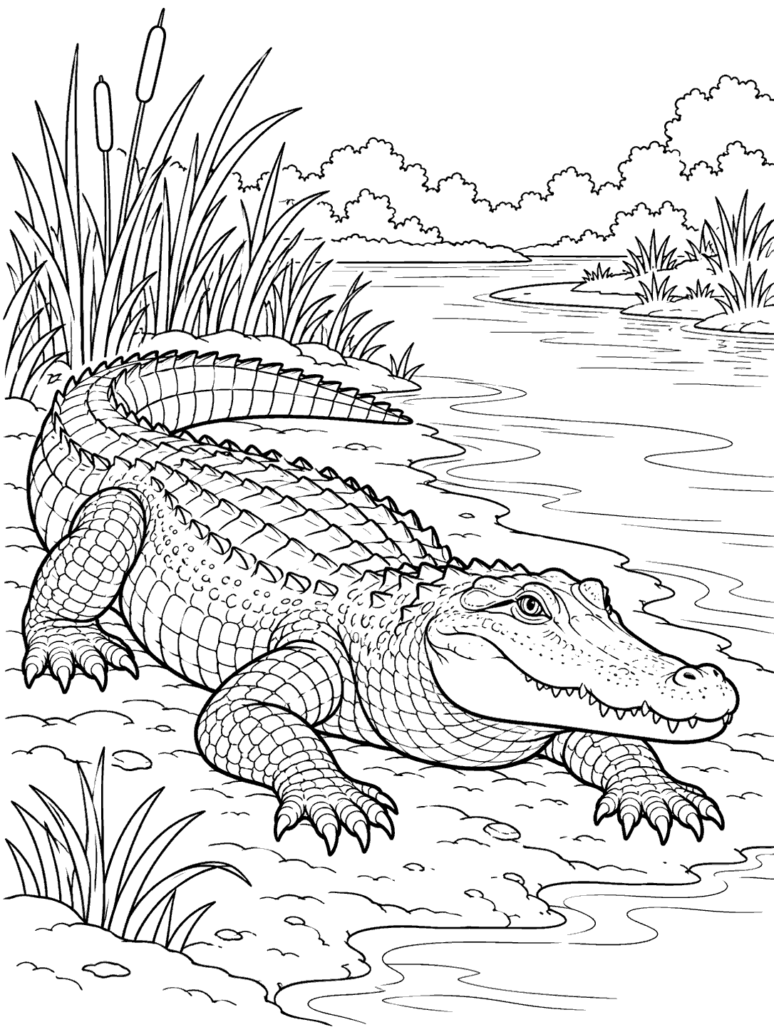 Full-body alligator resting on a muddy bank beside a calm river, with reeds behind it.