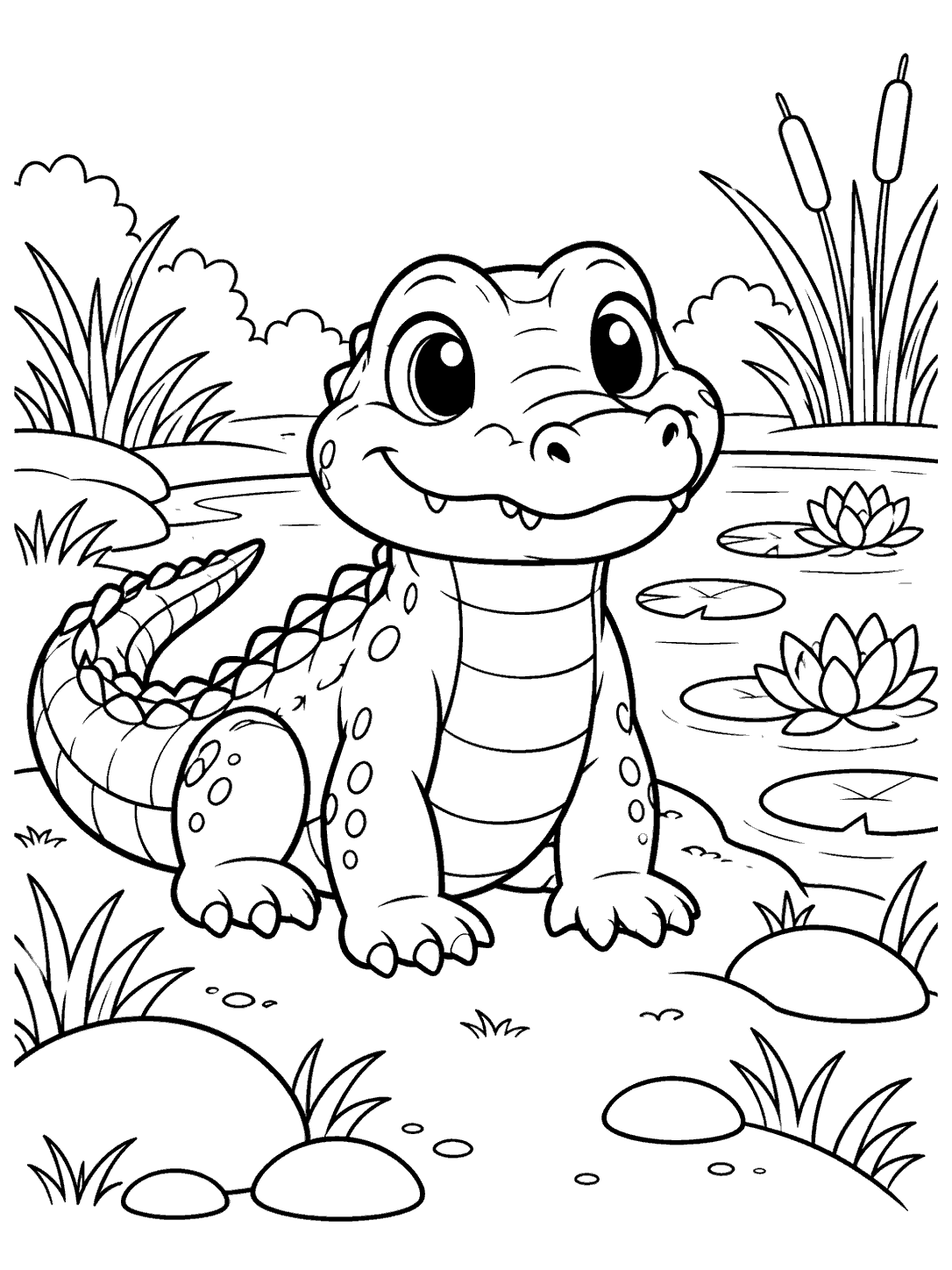 Smiling baby alligator with a ridged back and curled tail beside pond flowers, reeds, and rounded stones.