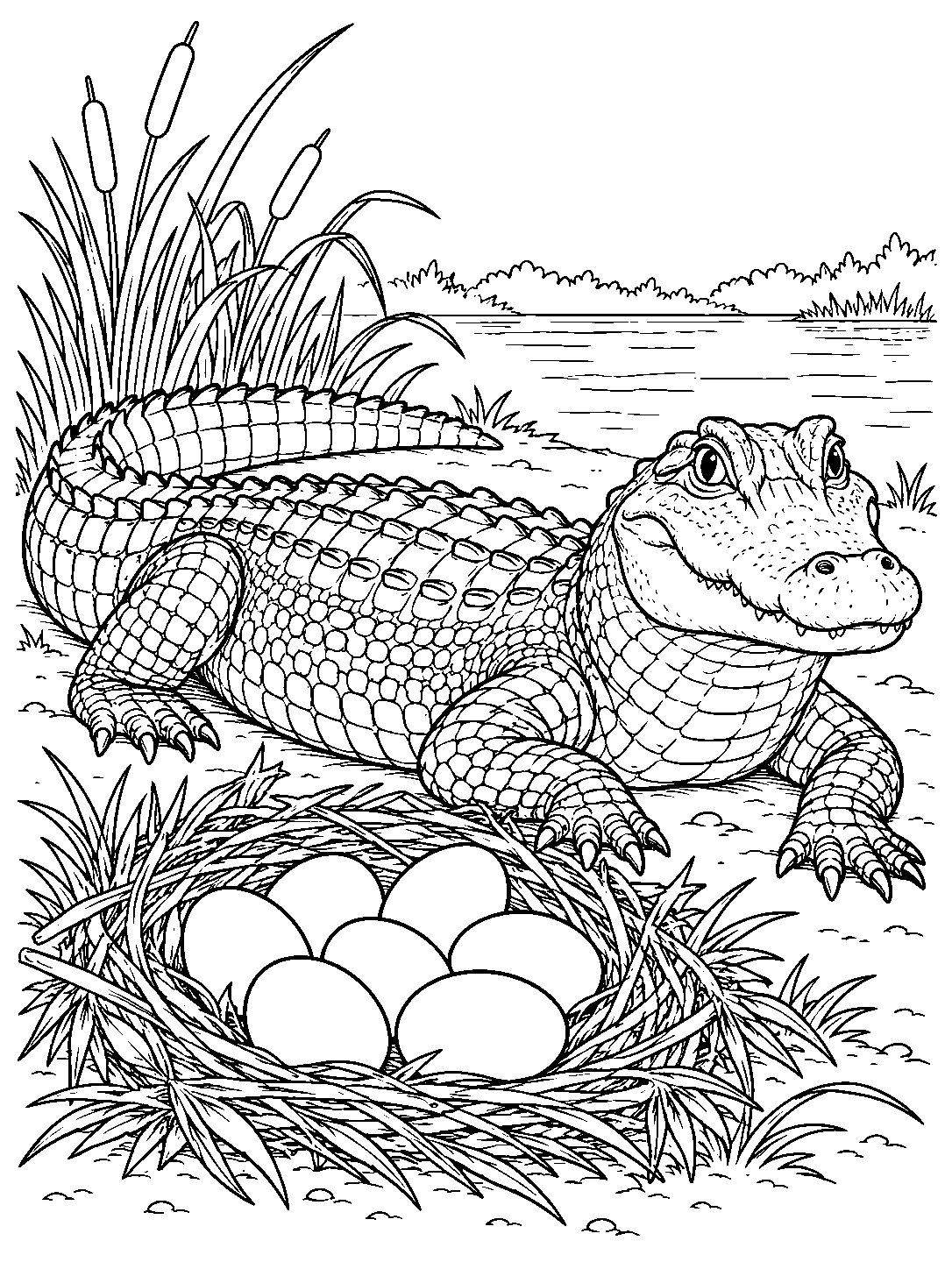 Line art of an alligator facing the viewer beside an egg nest, with marsh grasses and water behind it.