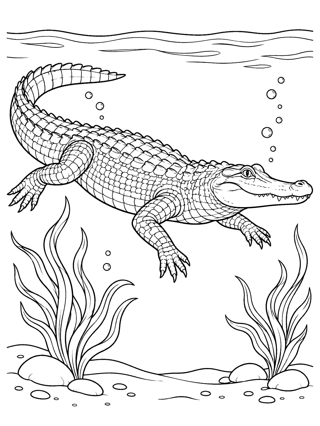 A detailed alligator swimming underwater between two aquatic plants, with bubbles above and a simple water surface line.