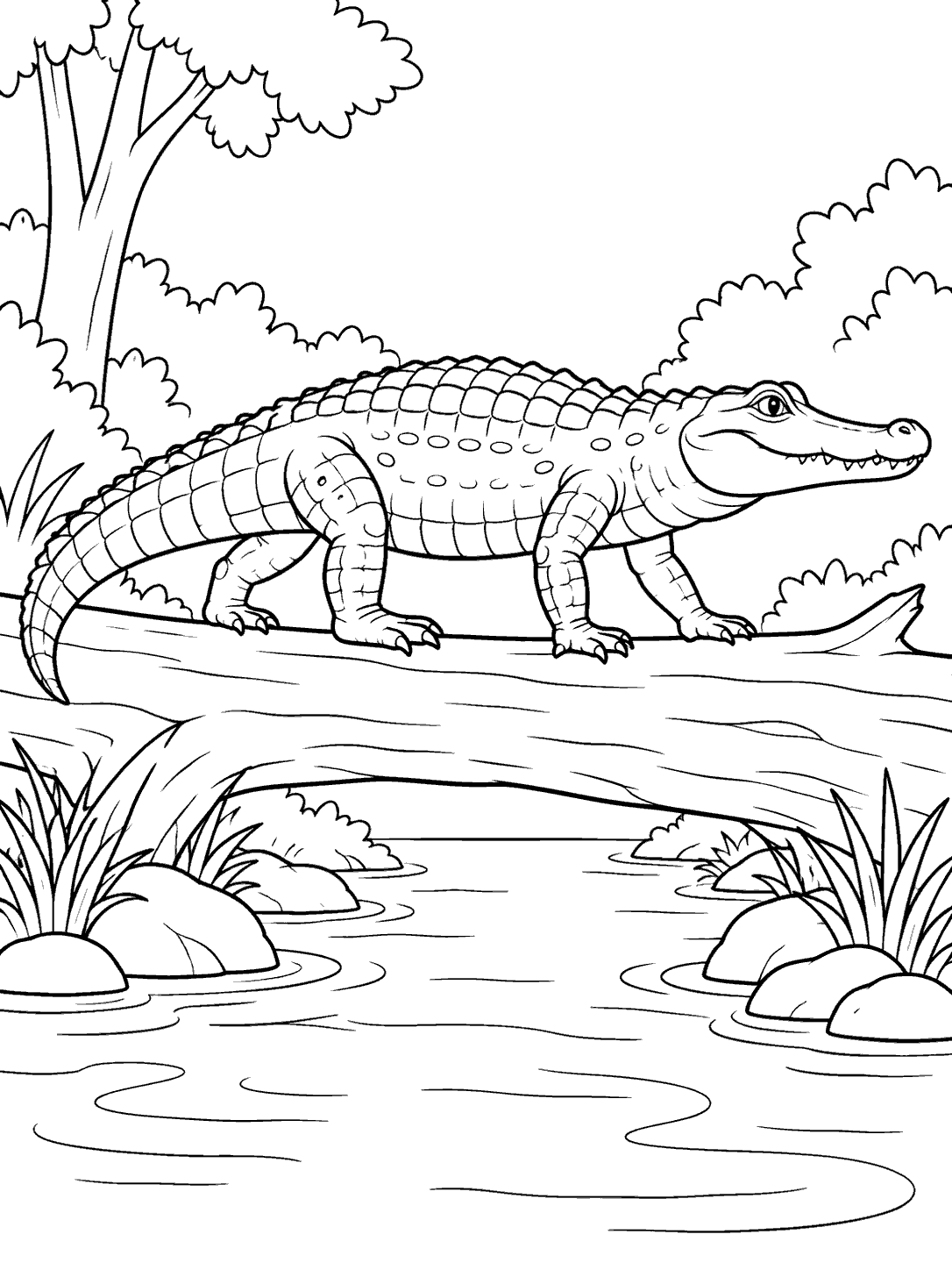 Side-view alligator crossing a fallen log above a stream, with ripples, rocks, and reeds.