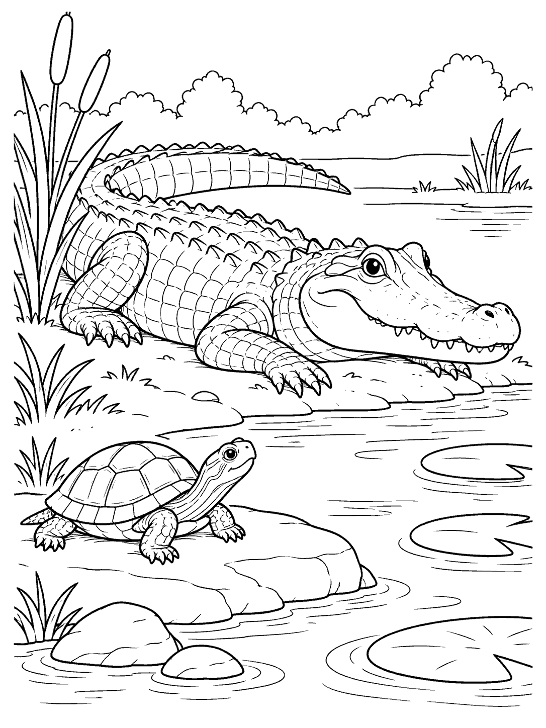 A large alligator rests beside a pond while a smaller turtle sits on a flat stone, with reeds and lily pads nearby.