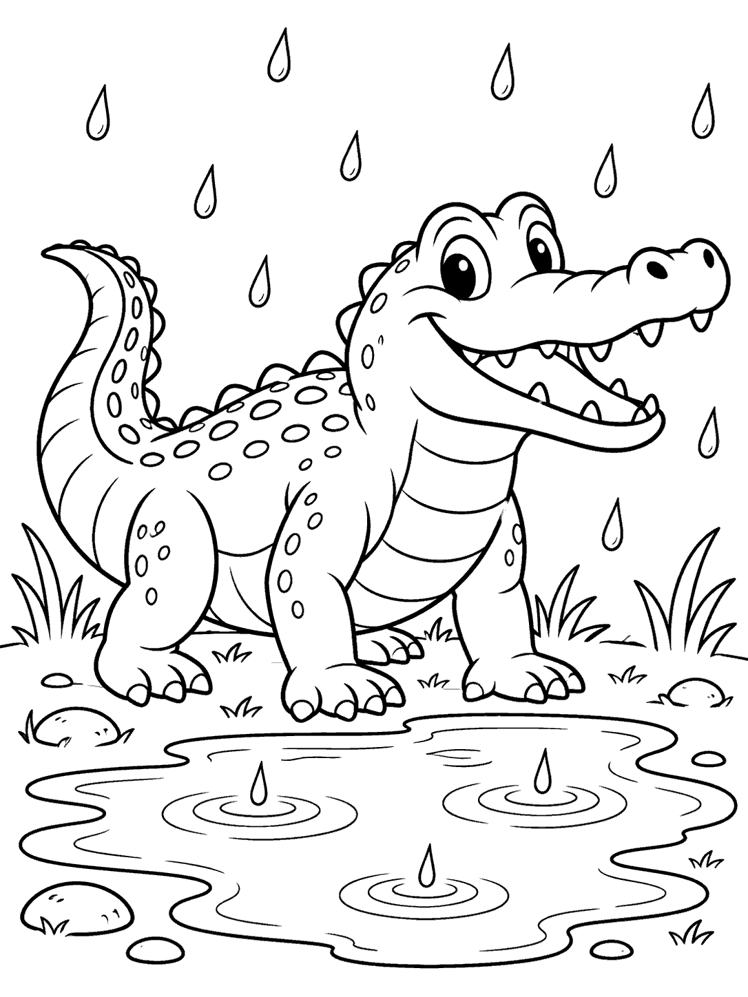Bold black line art of a smiling alligator standing beside a broad puddle with raindrops and concentric ripples.