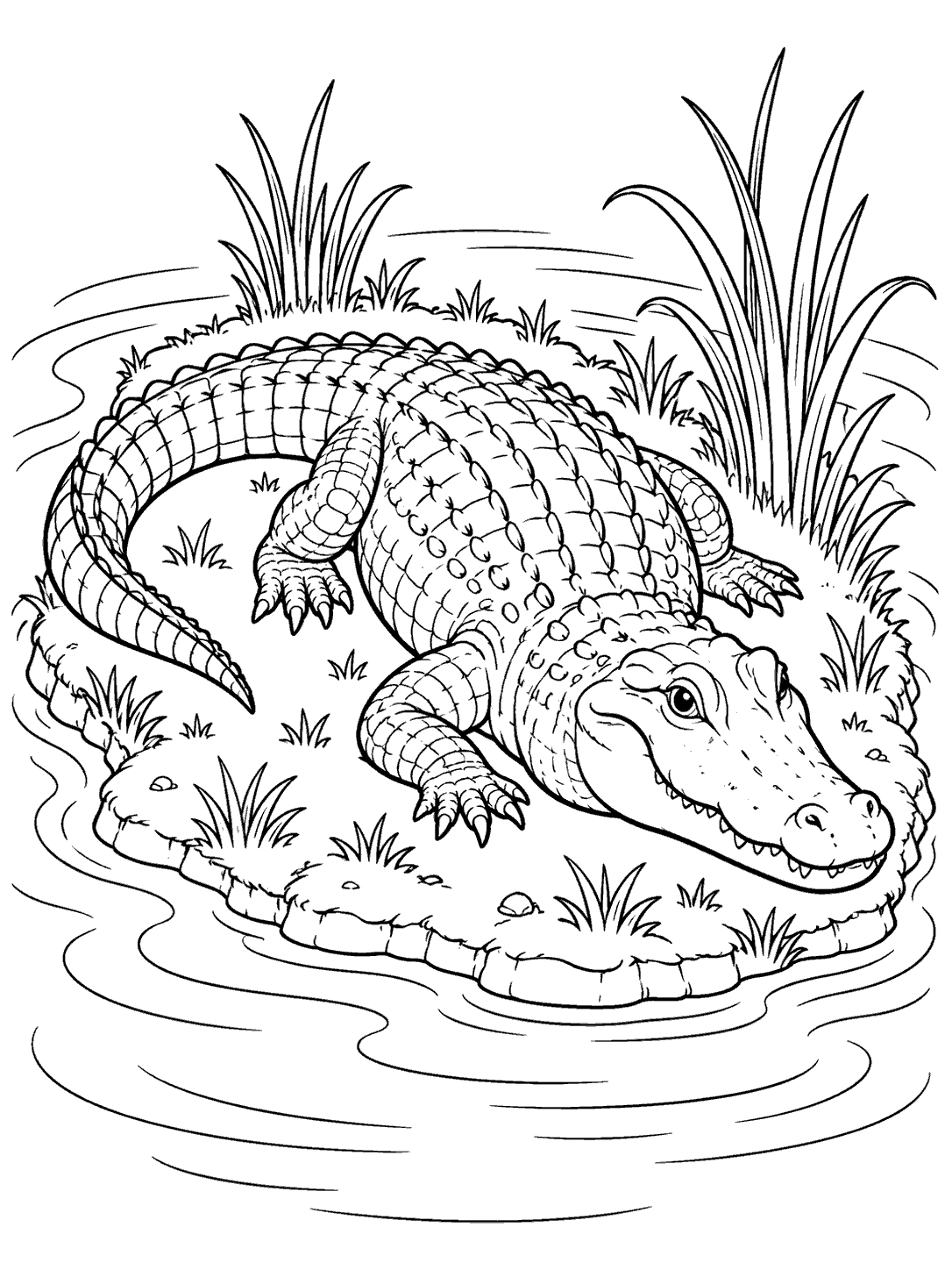 A curled alligator resting on a small grassy marsh island amid water curves.