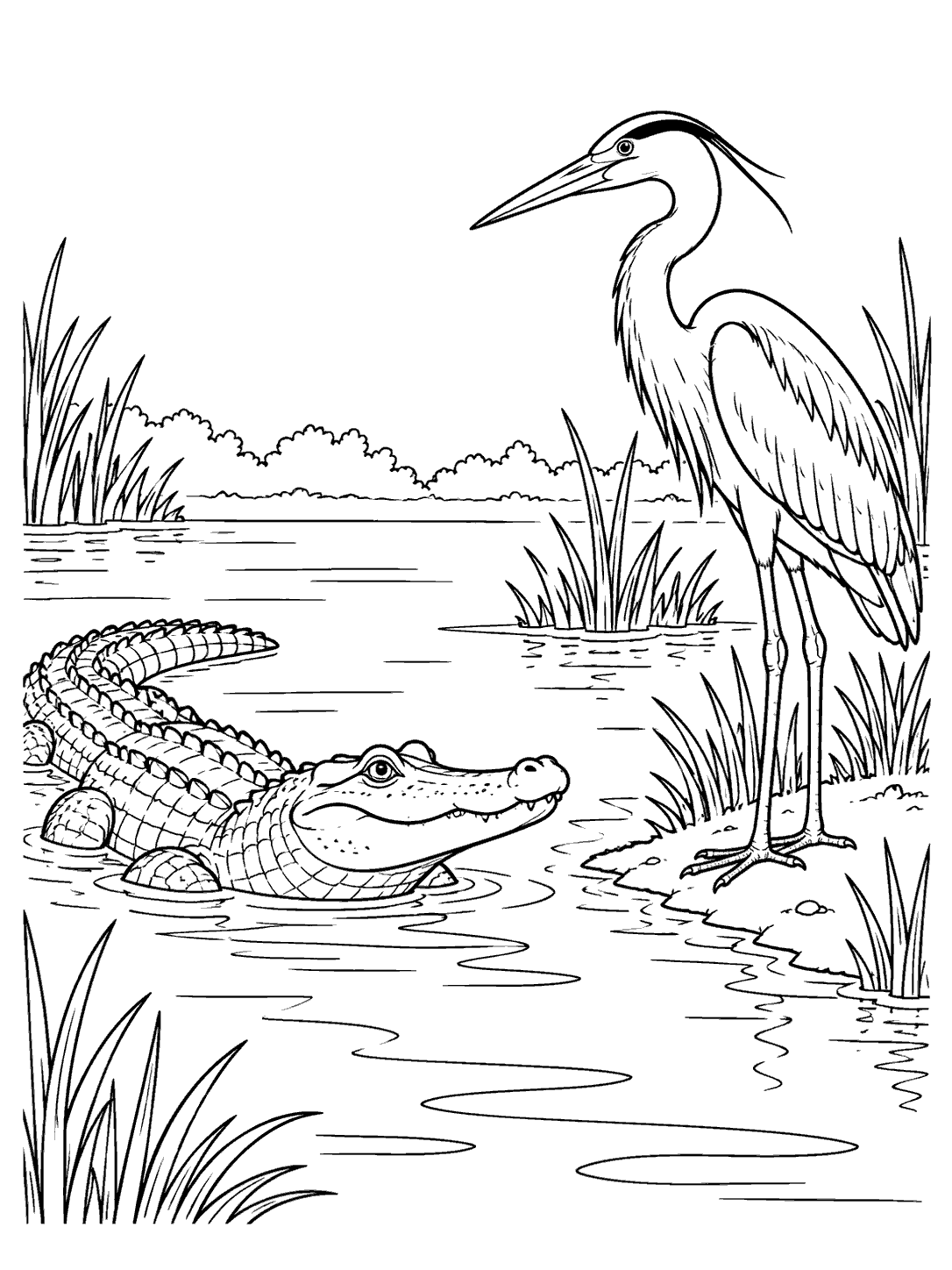 Black-outline coloring page showing a floating alligator and a long-legged heron among reeds by the water.