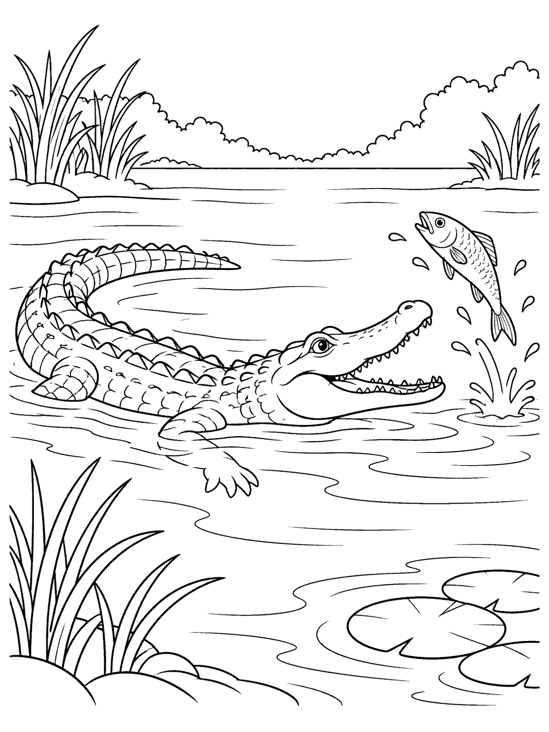 A detailed alligator swimming near the surface as a fish leaps nearby, with reeds and lily pads around the pond.