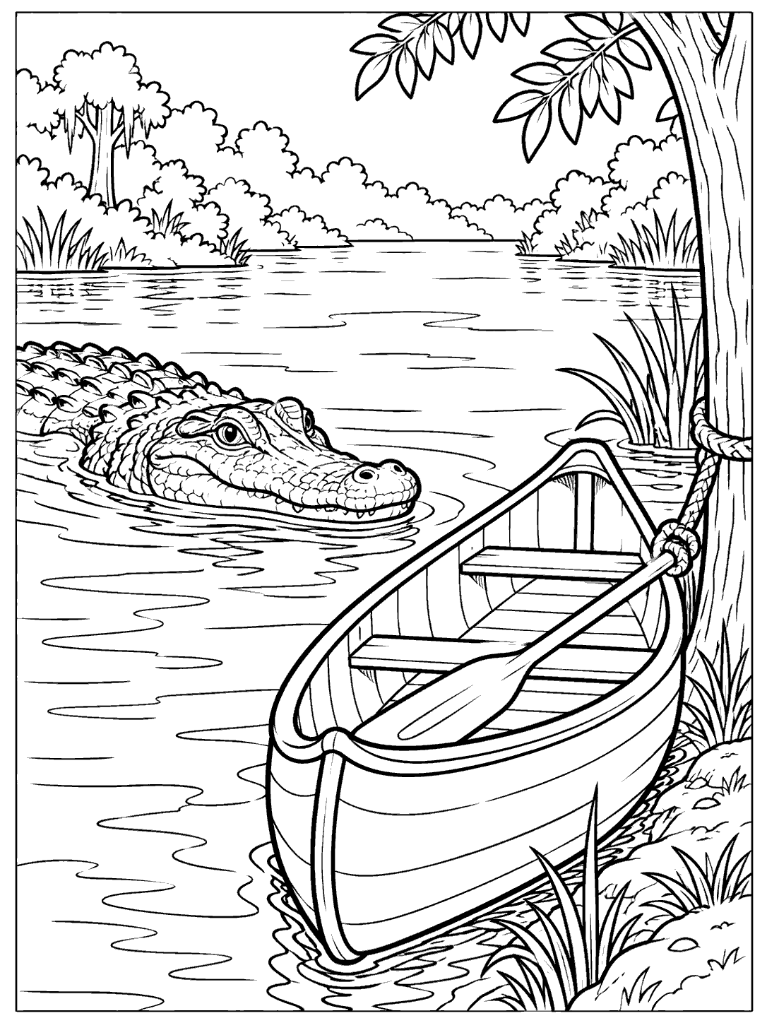 A detailed alligator emerges from the water beside an empty canoe with a paddle resting across it.