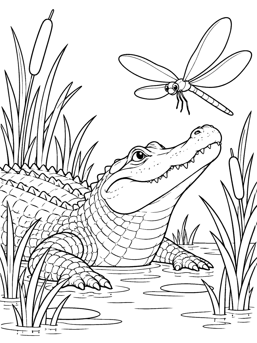 A smiling alligator rests in marsh water among reeds as a large dragonfly hovers above its snout.