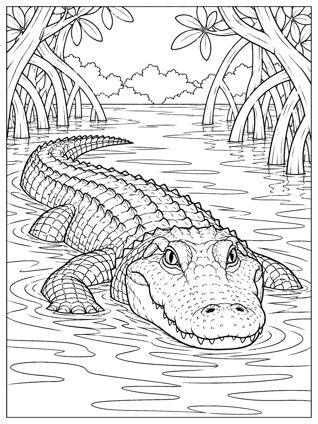 A front-facing alligator swims through a mangrove lagoon, surrounded by arching roots and rippling water.