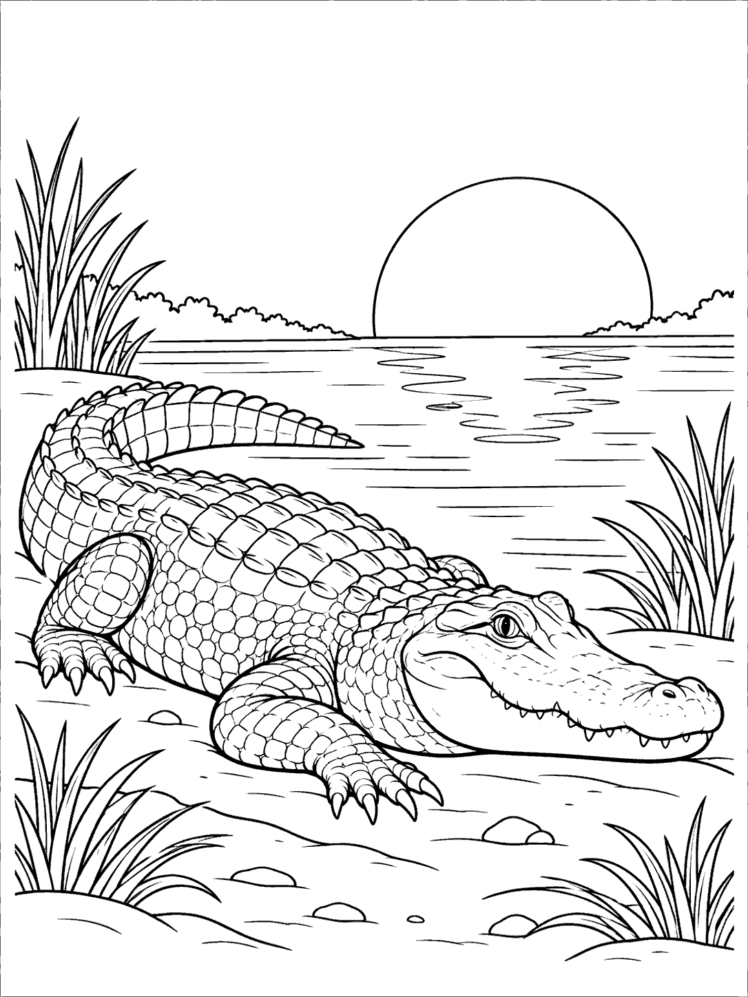 Outlined alligator resting on a grassy bank beside marsh water, with a large setting sun behind it.