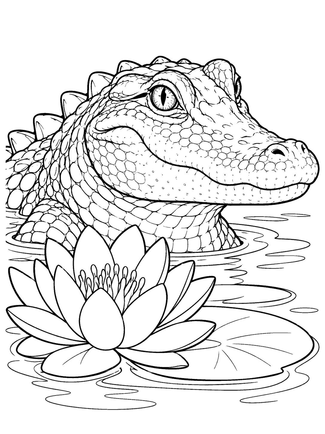 Black-and-white coloring page showing a three-quarter view of an alligator emerging from water beside a large water lily.