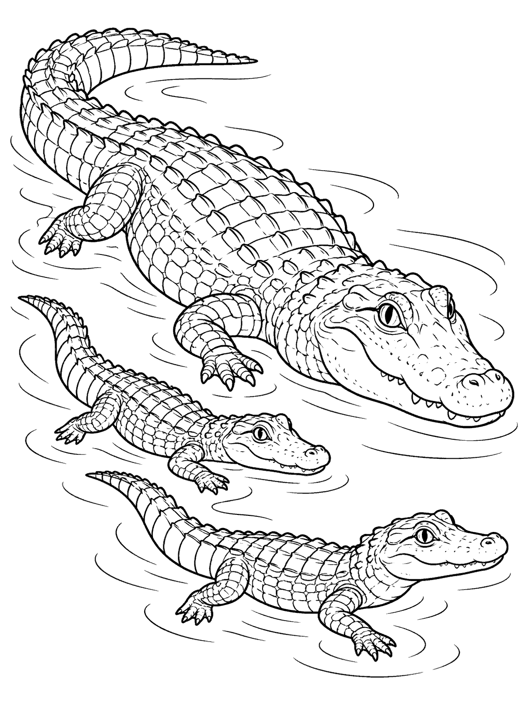 Black-and-white coloring page showing an adult alligator swimming diagonally with two smaller hatchlings, all tails and heads visible.