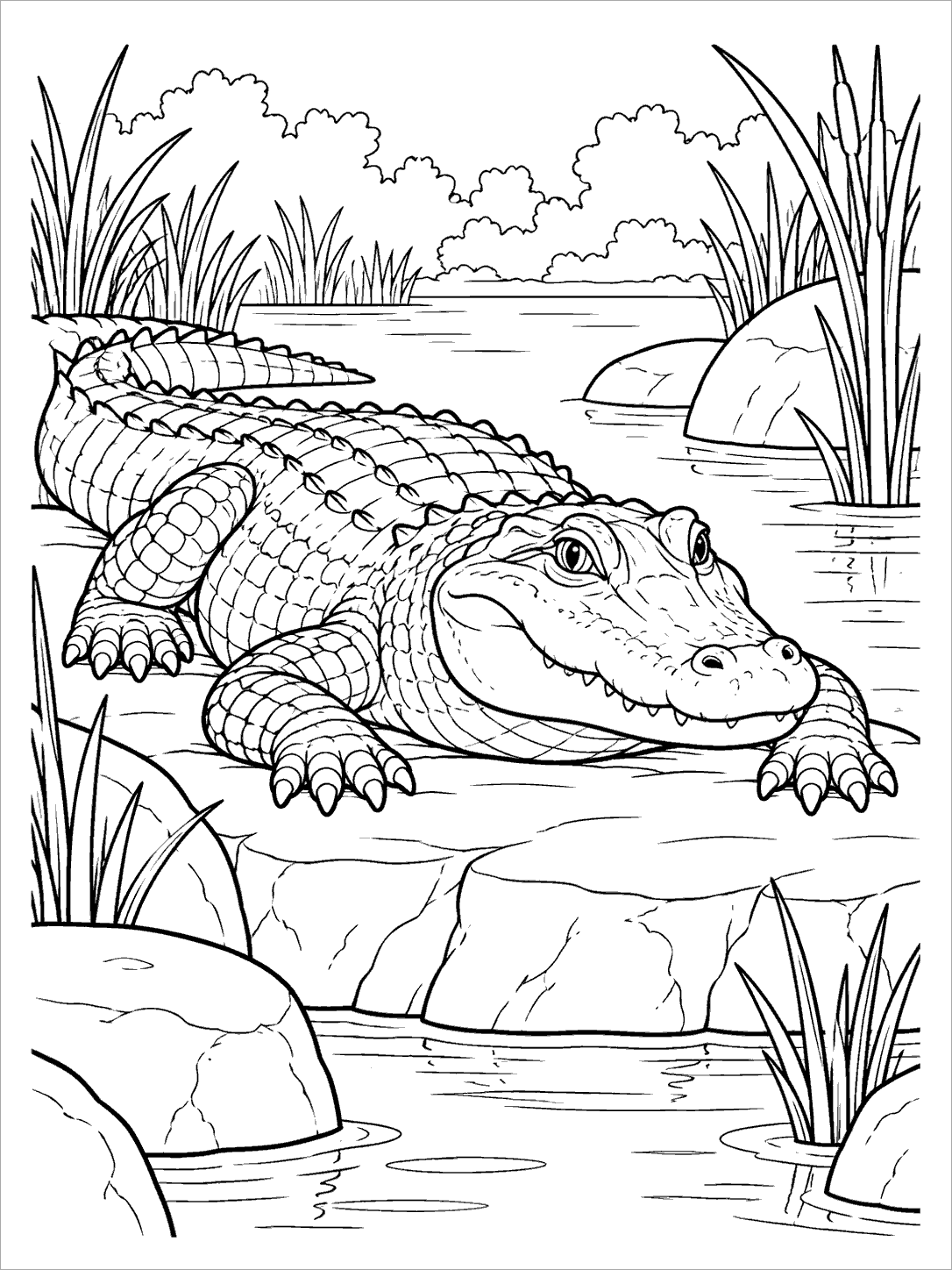 A resting alligator framed by rocks and reeds in a marsh cove