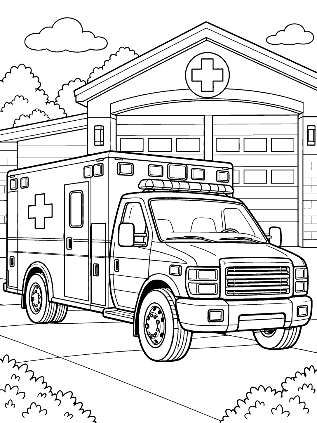 Black-and-white coloring page of a box-style ambulance with a cross emblem and roof lights parked in front of fire station doors, with clouds and shrubs nearby.