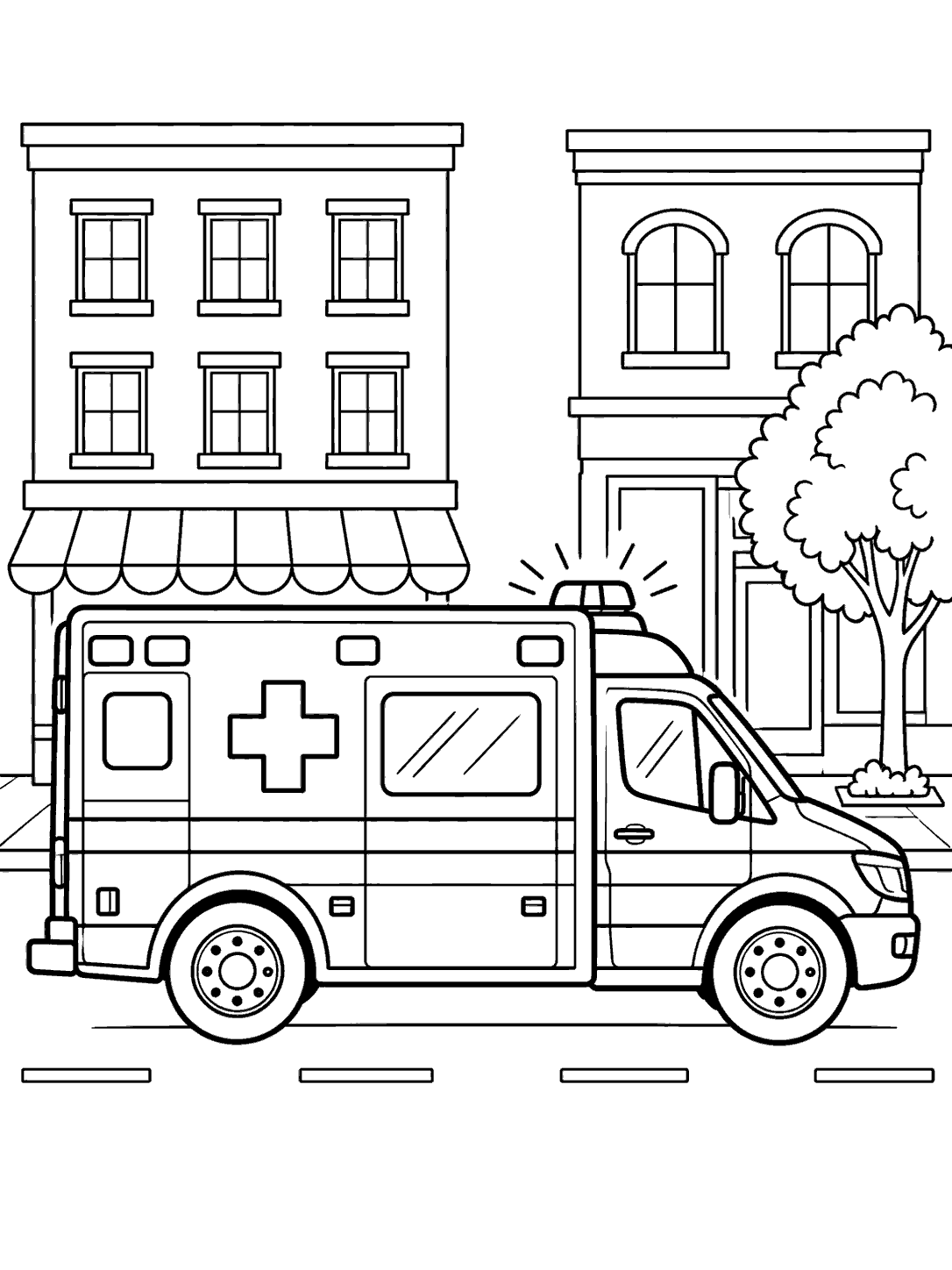 Ambulance driving past city buildings and a tree