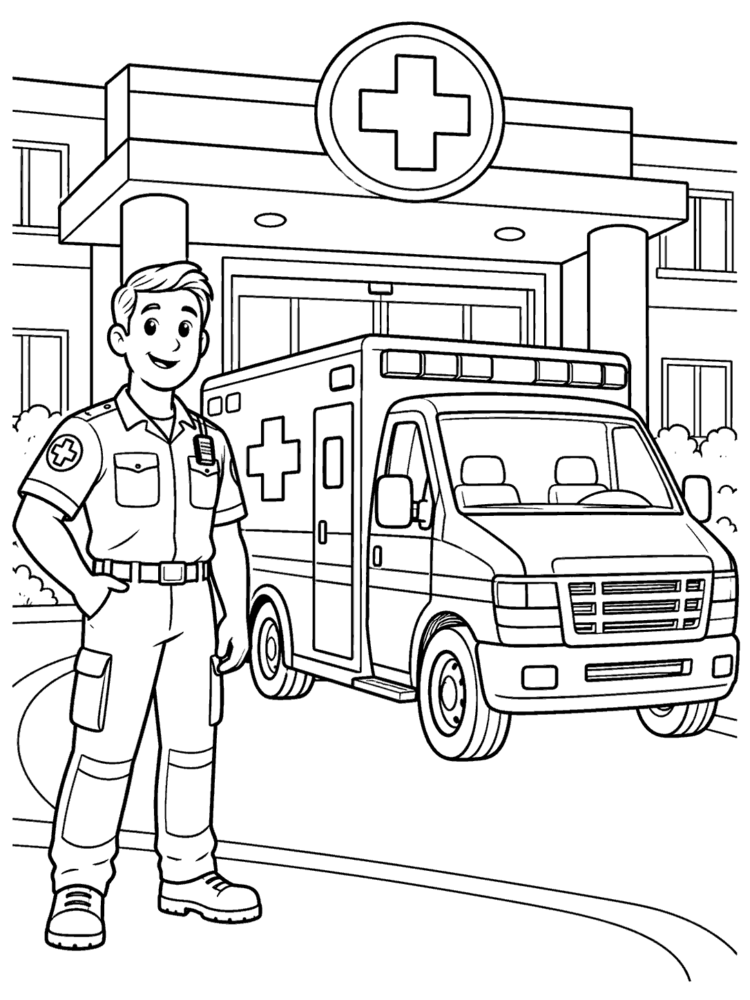 Smiling paramedic beside an ambulance outside a hospital with a medical cross sign above the entrance