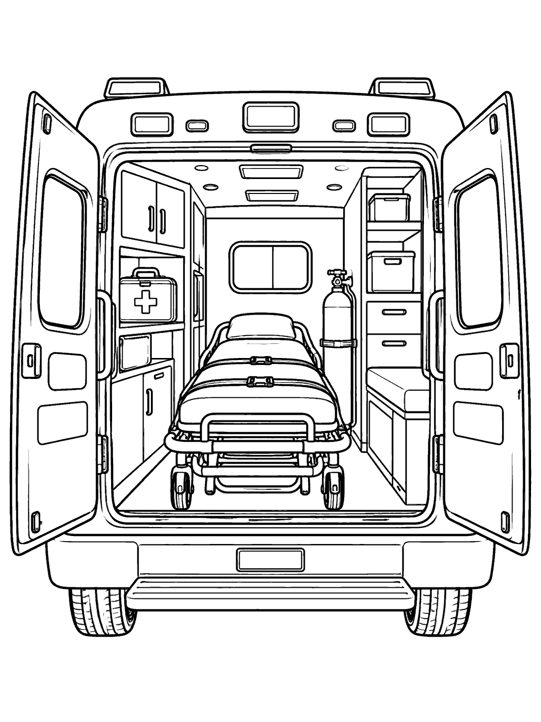 Straight-on view into the back of an ambulance with both rear doors open, showing a stretcher, first-aid kit, and storage compartments.