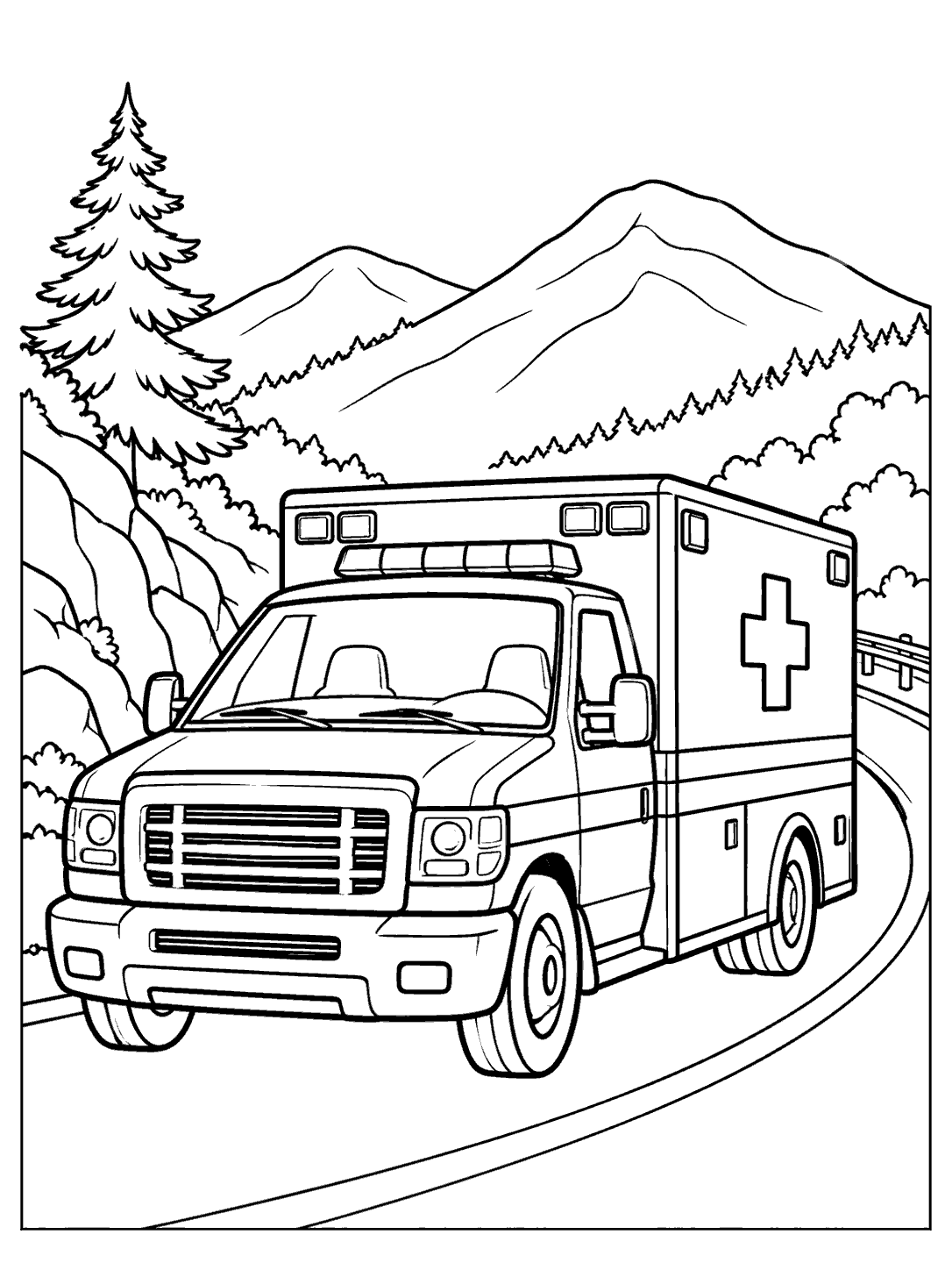 Front three-quarter view of an ambulance on a winding mountain road, with a pine tree, hills, and guardrail.