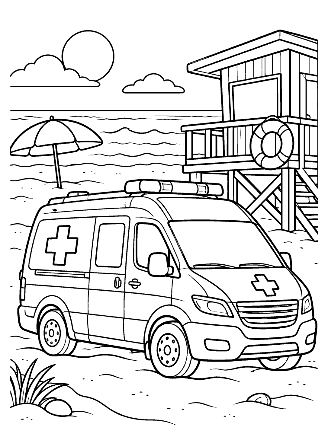 Compact rescue ambulance with medical crosses parked beside a beach lifeguard hut, umbrella, and waves.