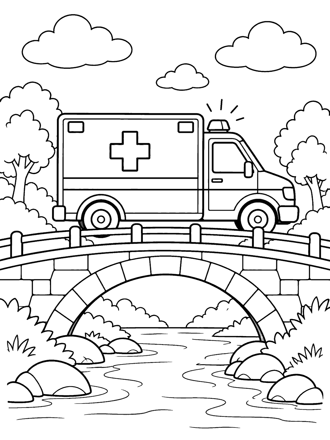 Side-view ambulance on an arched stone bridge above a narrow stream, with clouds, trees, and rocks.
