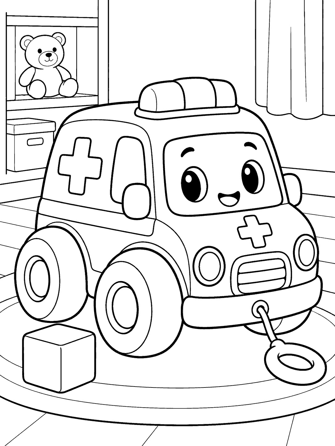 Friendly toy ambulance with oversized wheels and a pull handle on a rug beside a toy block