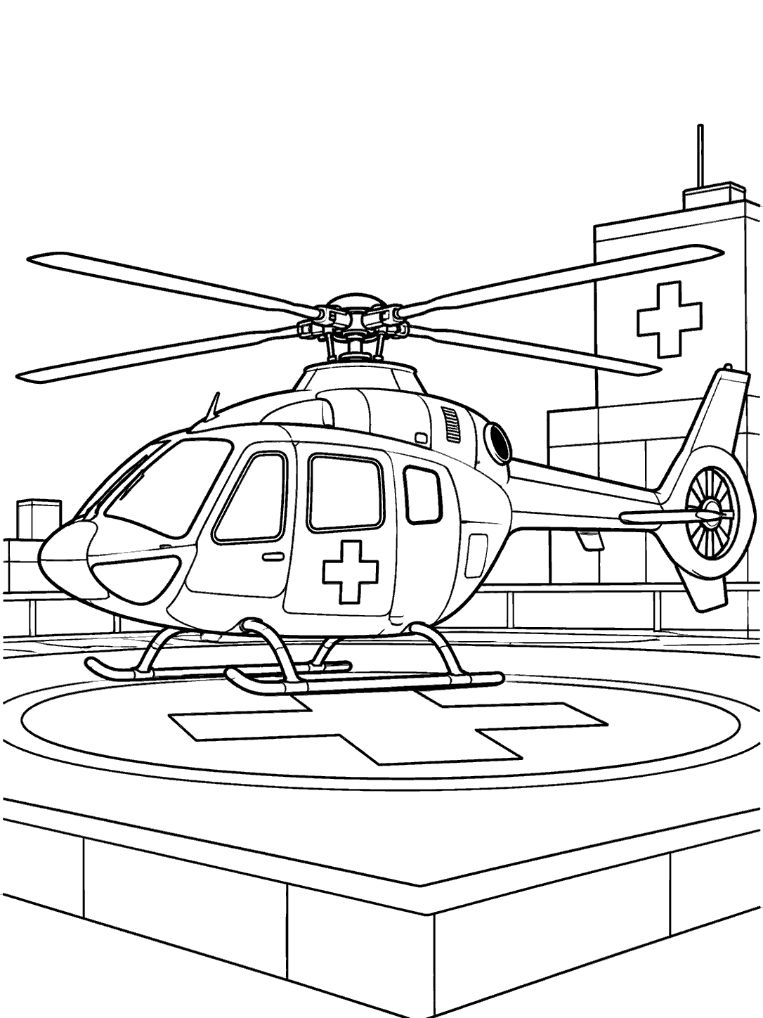 Black line art of a medical helicopter with a medical cross, landing skids, and visible rotors on a rooftop helipad.