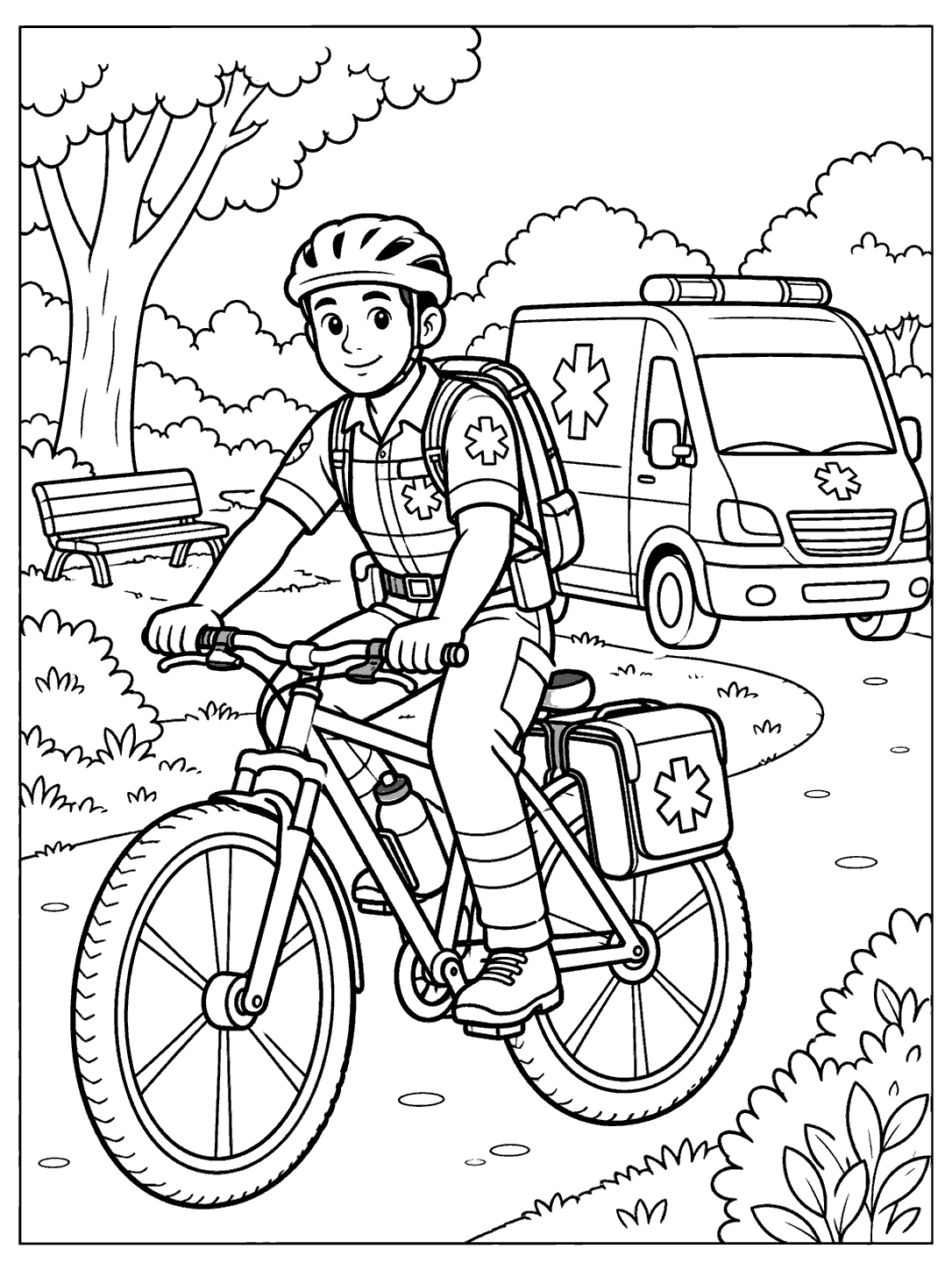 Helmeted paramedic riding a bicycle in the foreground, with a compact ambulance parked on a park path behind.