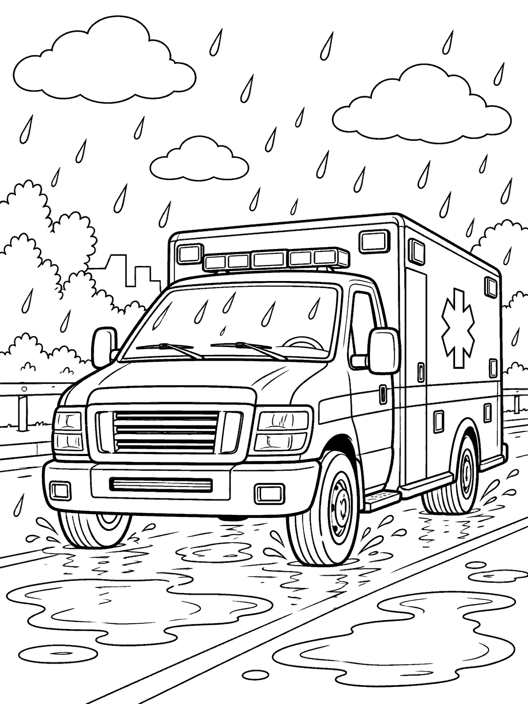 Front three-quarter view of an ambulance driving through rain, with clouds, raindrops, and puddles.