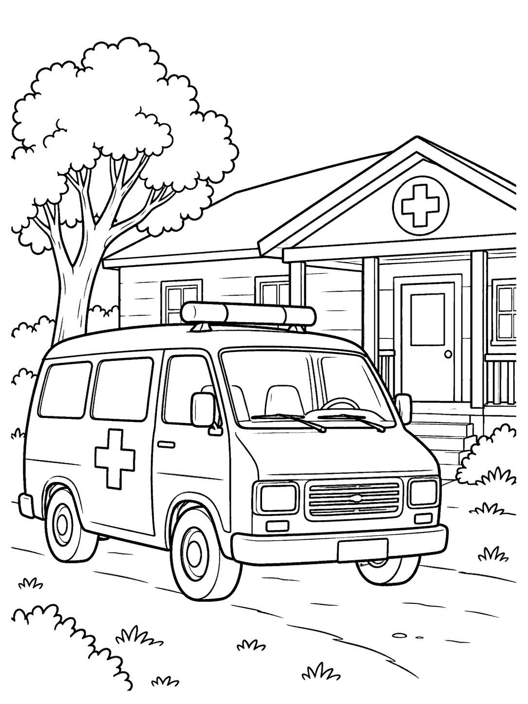 Older-style ambulance parked outside a country clinic with a porch, medical cross sign, and tree.