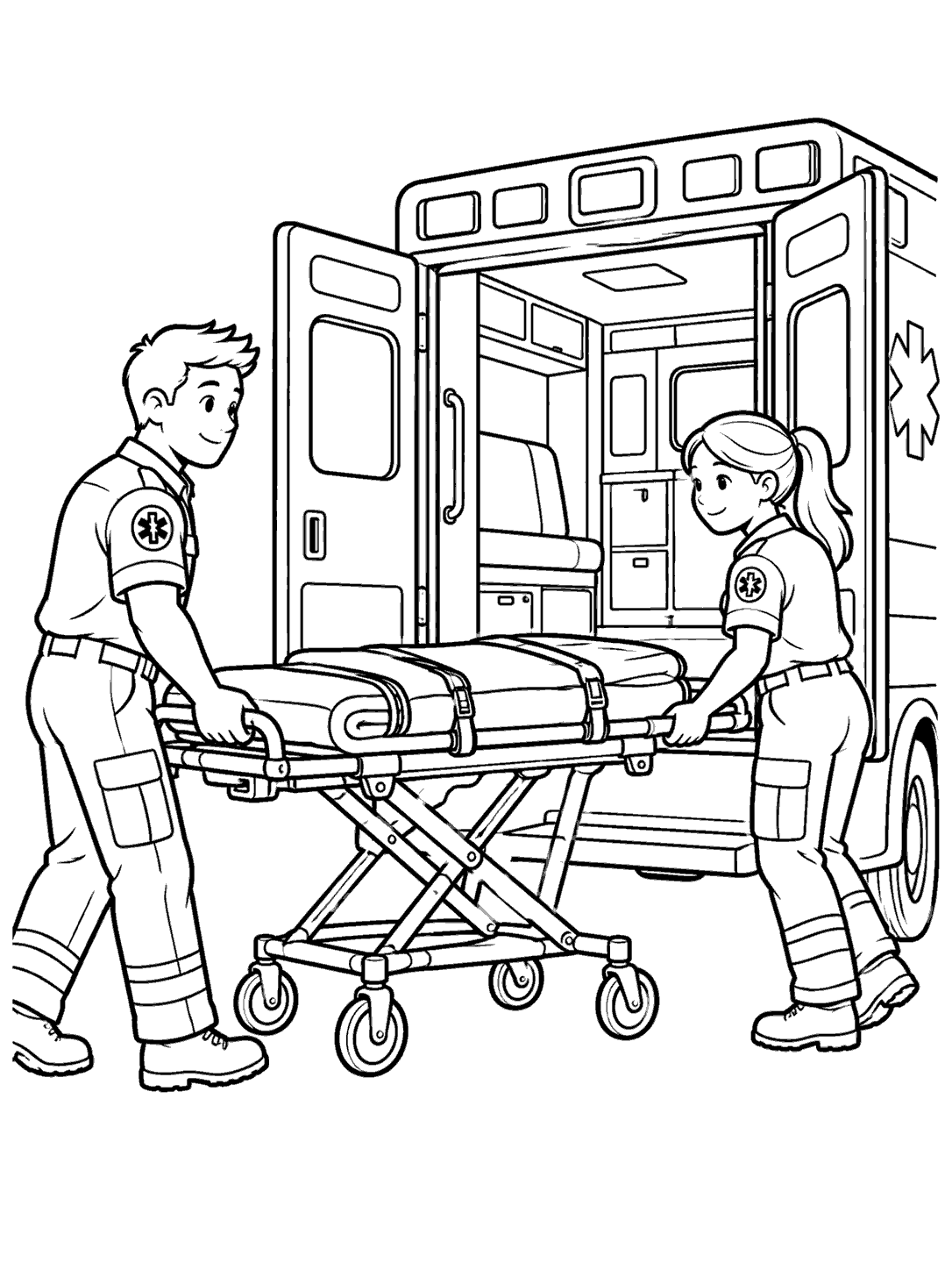 Black-and-white coloring page showing two paramedics beside an empty wheeled stretcher and an ambulance with its rear doors open.