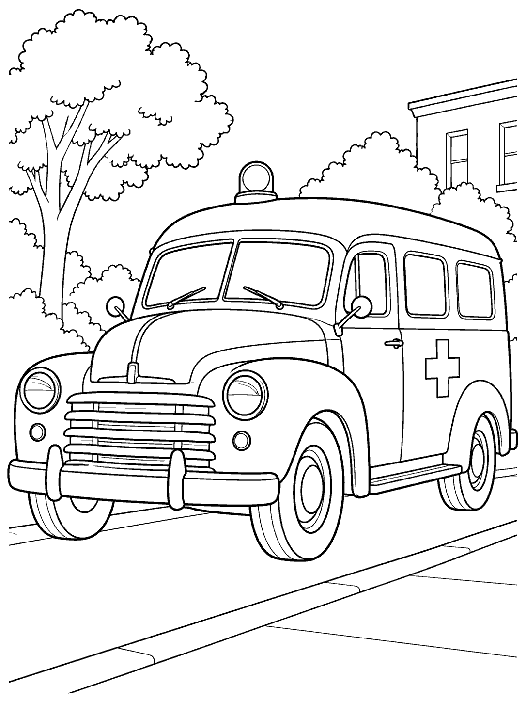 Classic vintage ambulance with rounded fenders, circular headlights, roof beacon, and side medical cross, parked on a curb beneath trees.