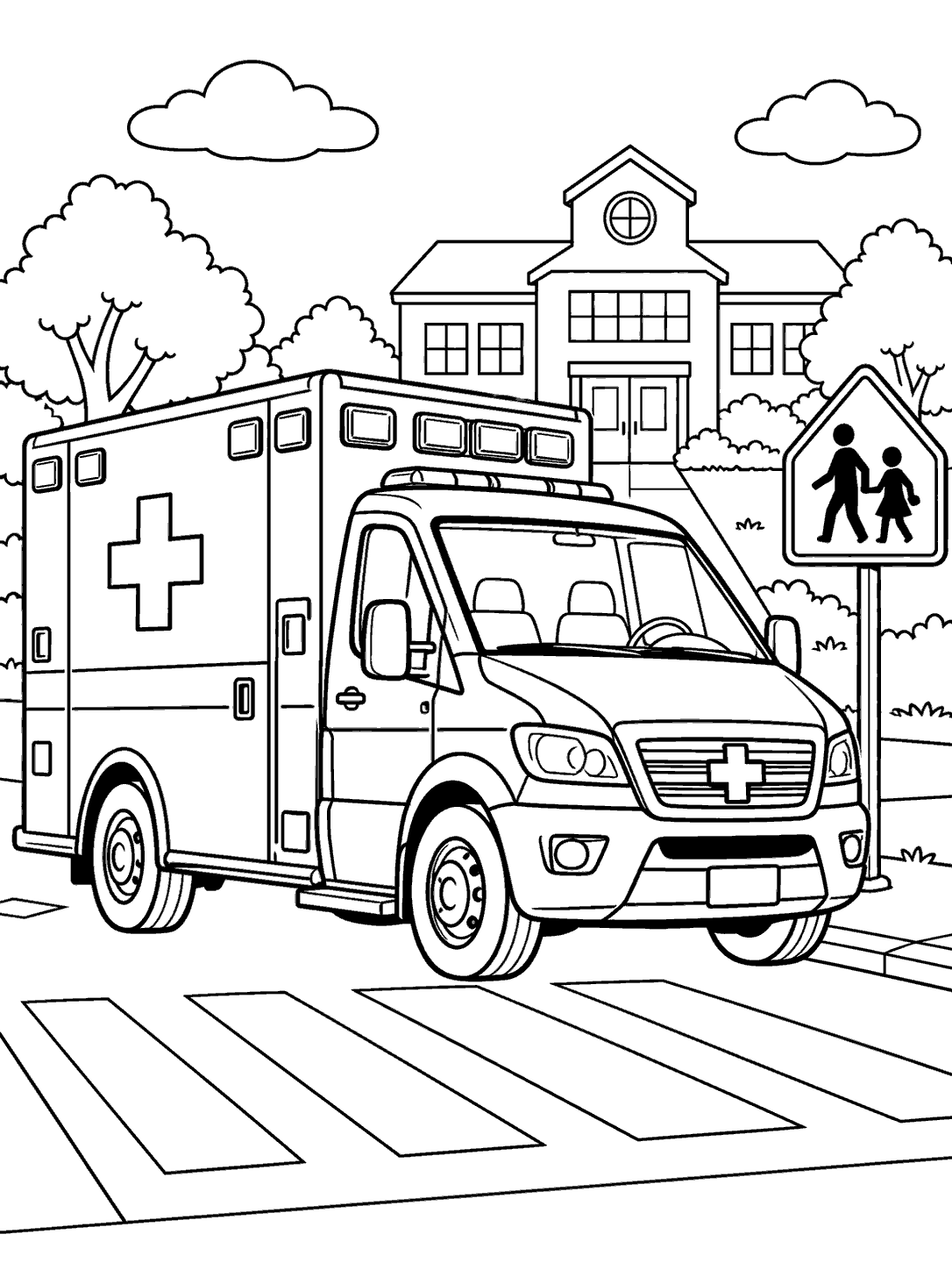 Black-and-white coloring page showing a modern ambulance, a school crossing sign, crosswalk, and school building.