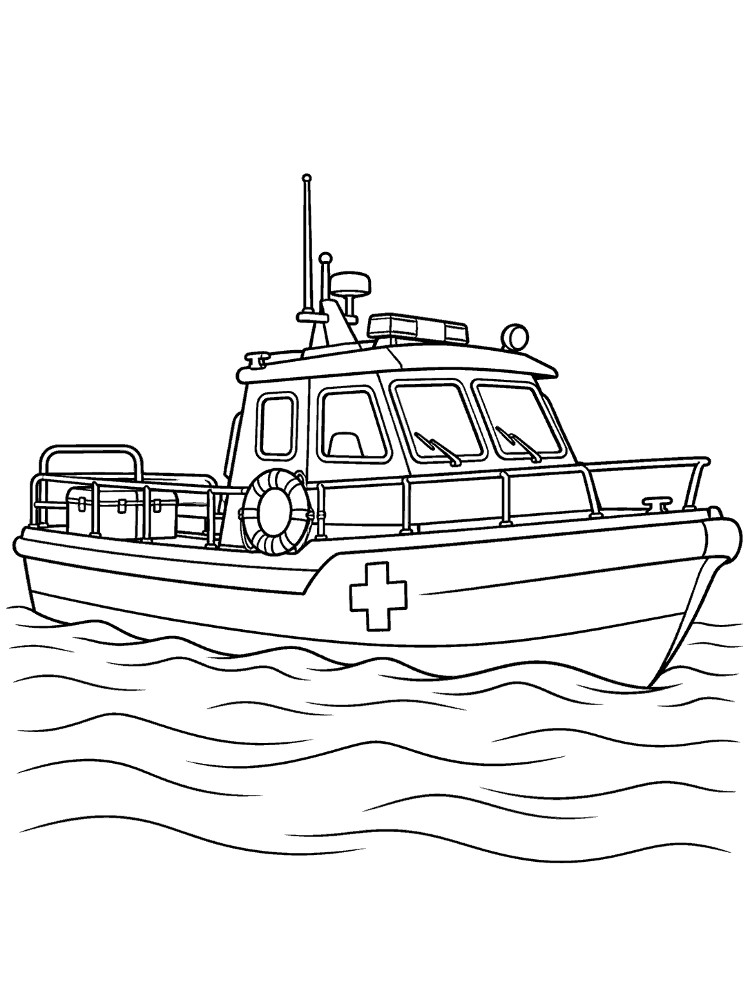 Long, low medical rescue boat with a cabin, life ring, medical cross, and gentle waves.