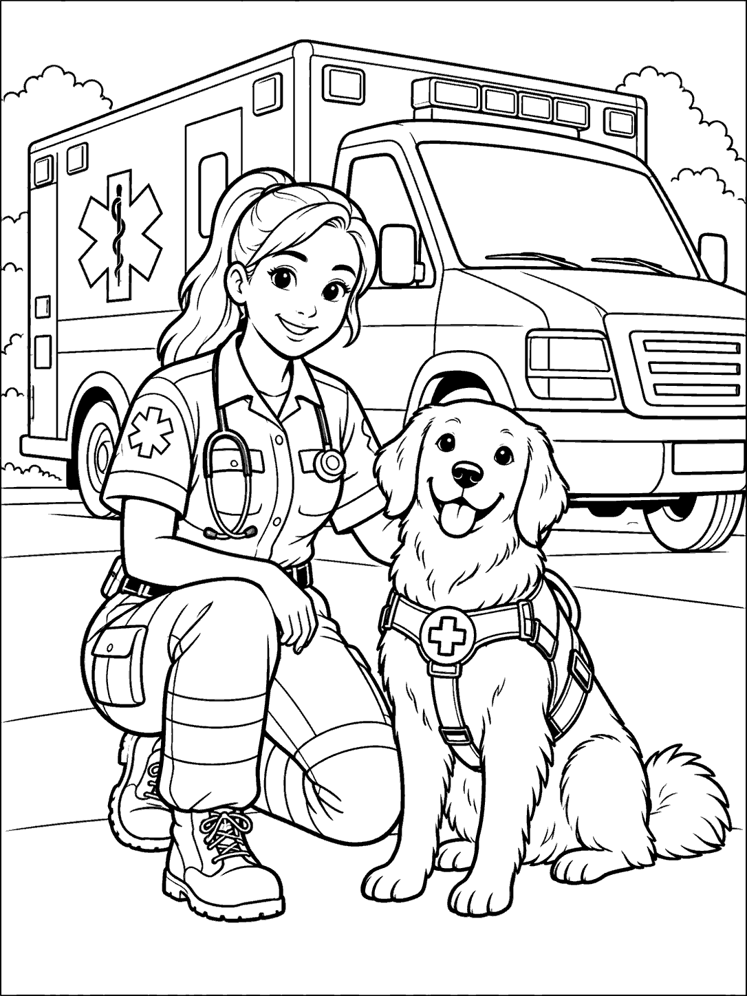 A smiling service dog wearing a medical cross harness sits beside a kneeling paramedic, with an ambulance parked behind them.