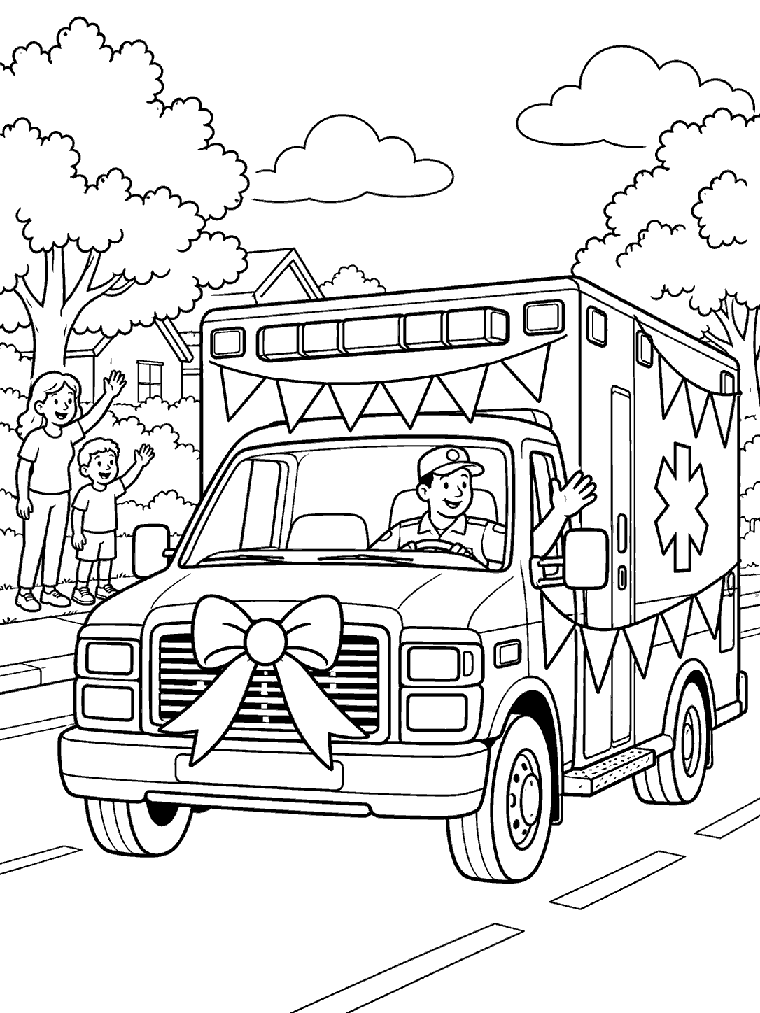 A large ambulance decorated with pennant flags and a grille ribbon passes two waving sidewalk spectators.