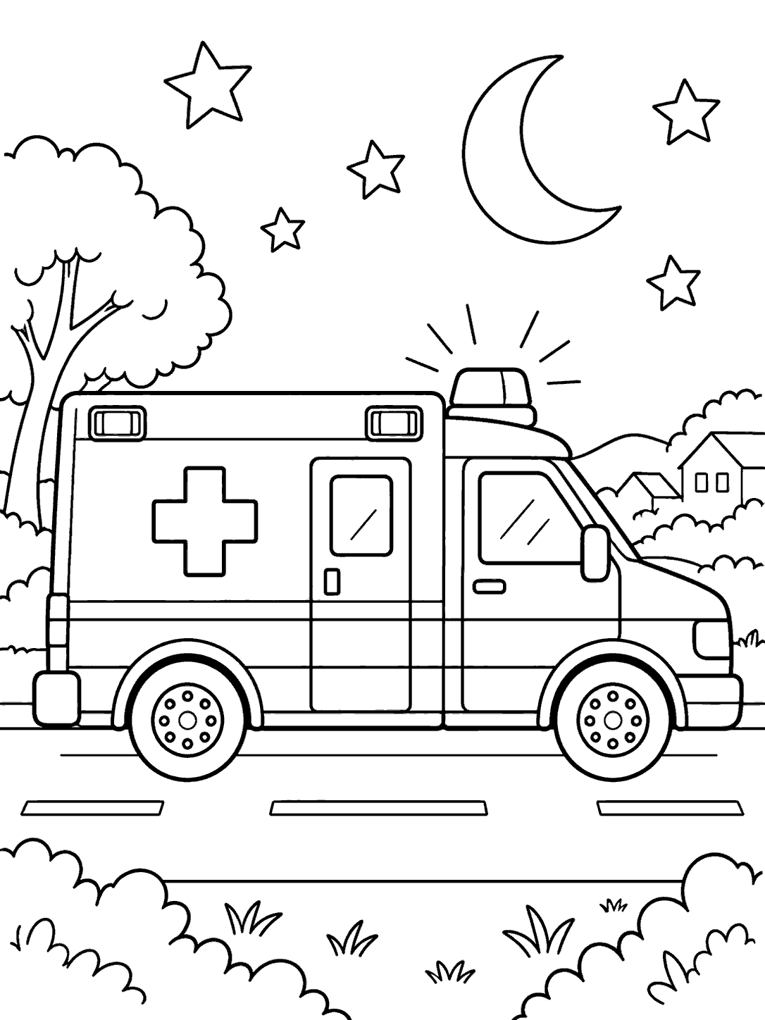 Outline coloring page of a side-view ambulance beneath a crescent moon and stars, with trees and houses nearby